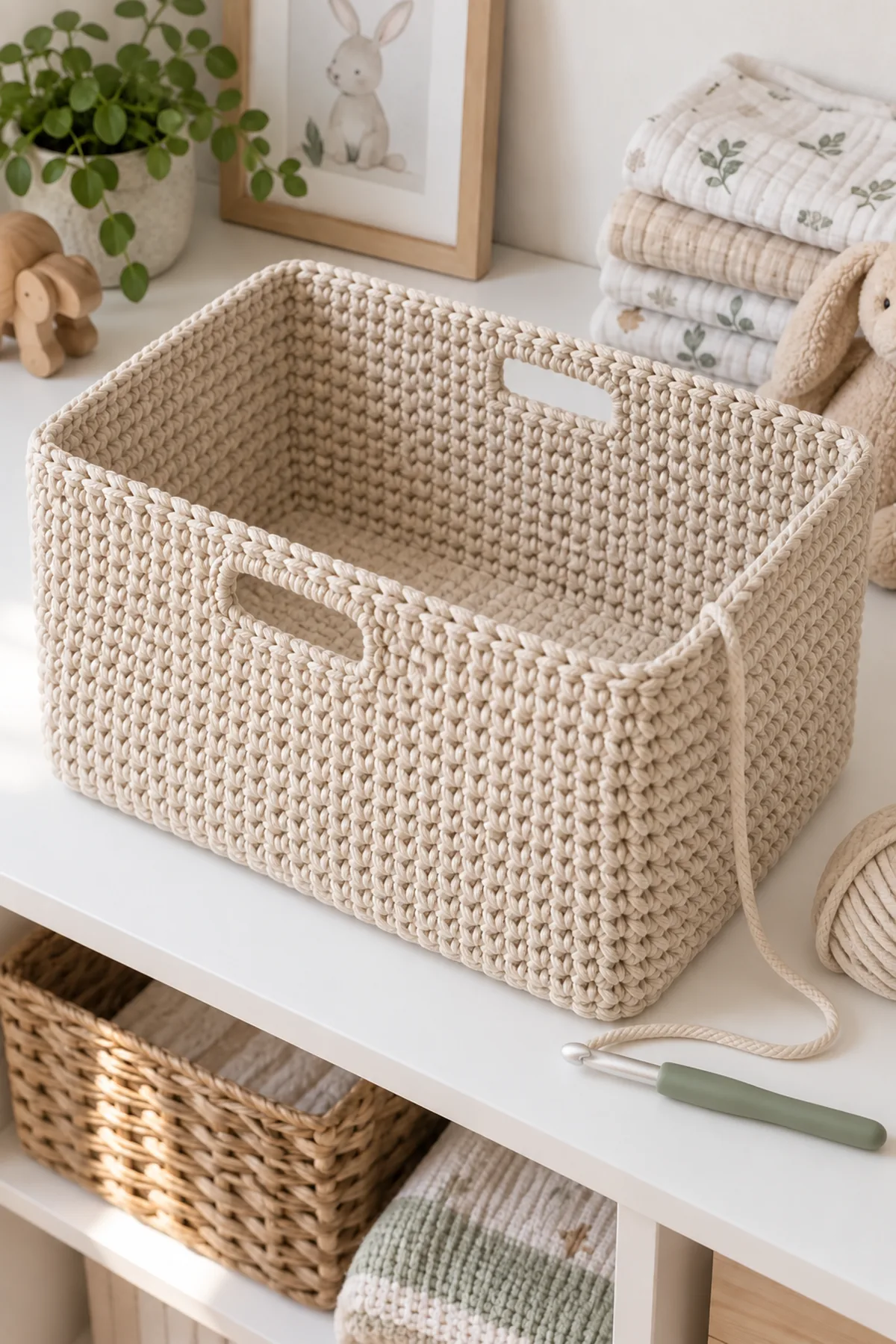 Large oatmeal crochet diaper caddy with 116-stitch upright walls and two centered unfinished handle openings