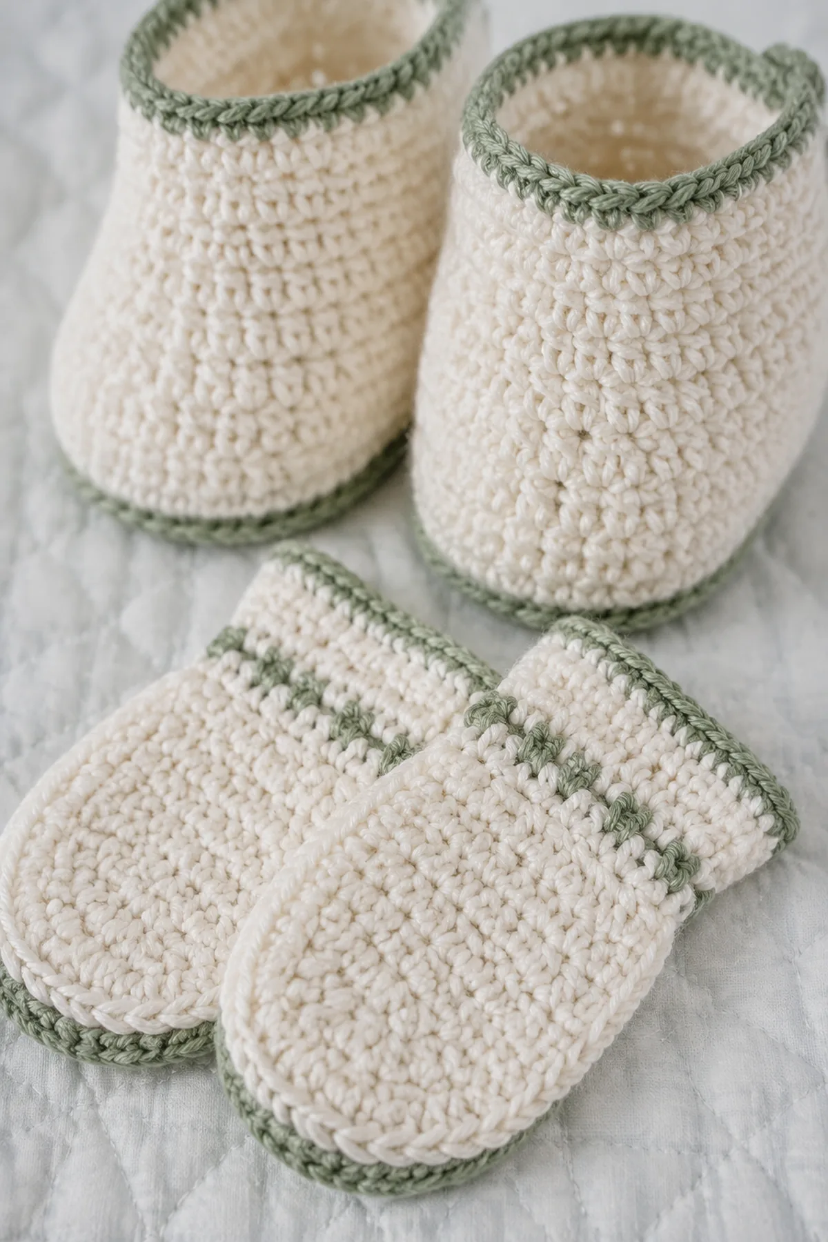 Close-up of the stitch texture and securely finished details on crochet baby mittens and booties set