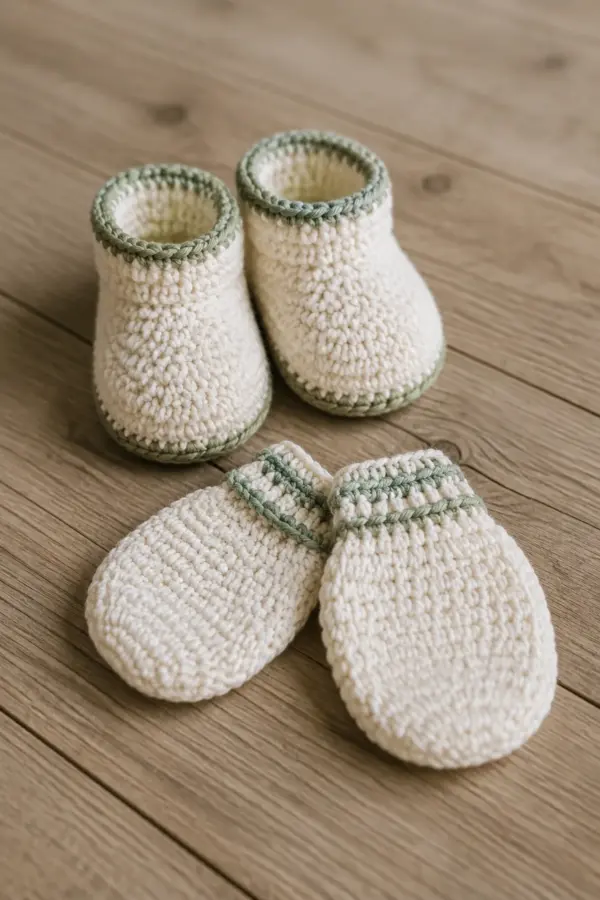 Finished crochet baby mittens and booties set in soft cream and sage yarn on a neutral nursery surface