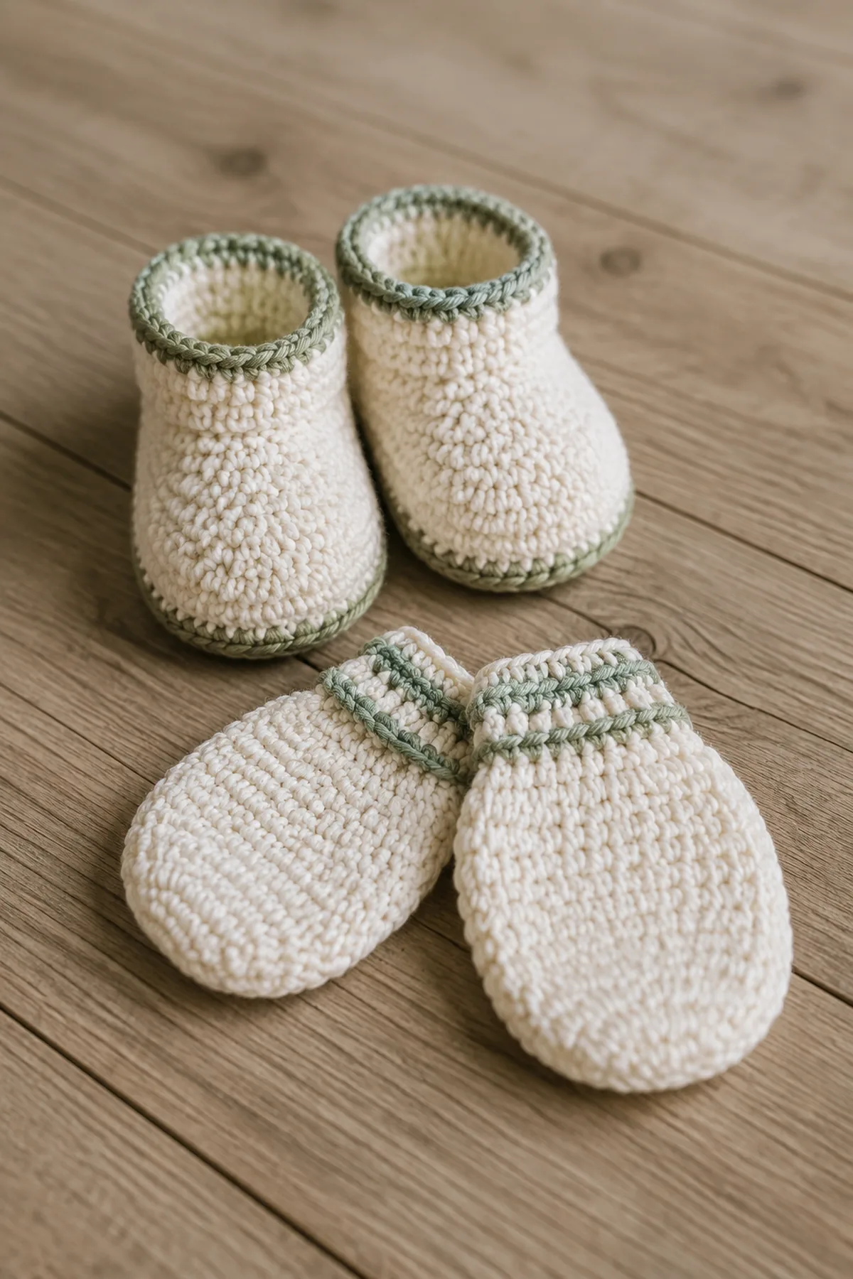 Finished crochet baby mittens and booties set in soft cream and sage yarn on a neutral nursery surface