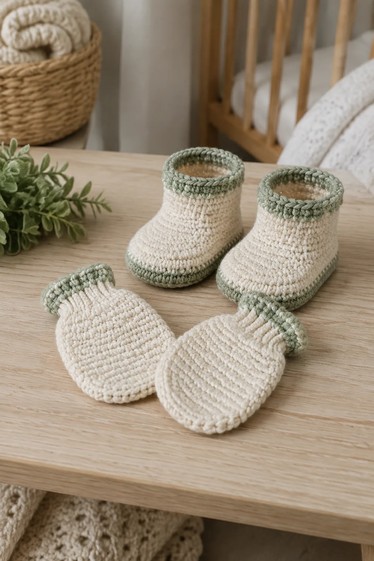 Finished crochet baby mittens and booties set styled in a calm bright nursery setting without a baby present