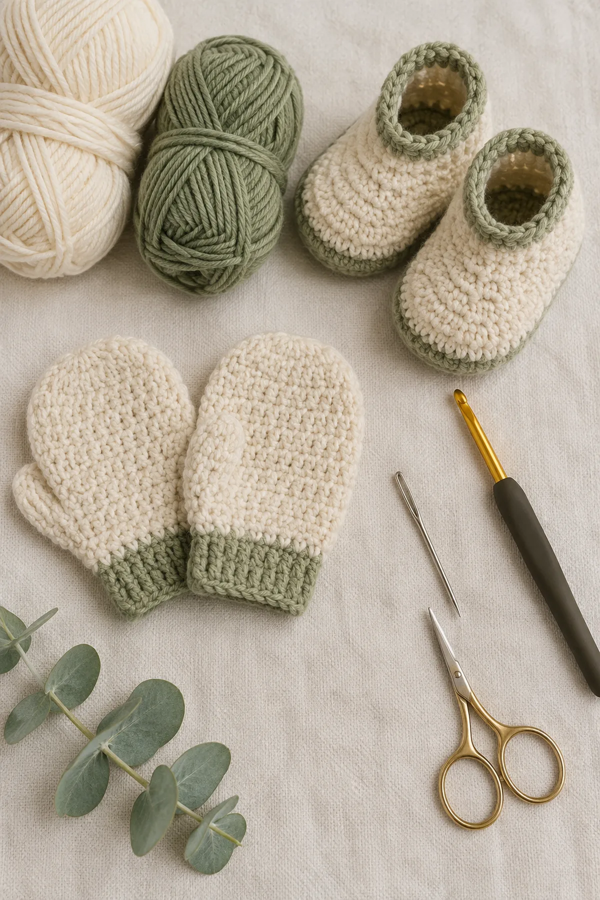Baby-friendly yarn, crochet hook, stitch markers, tape measure, yarn needle, and scissors for crochet baby mittens and booties set
