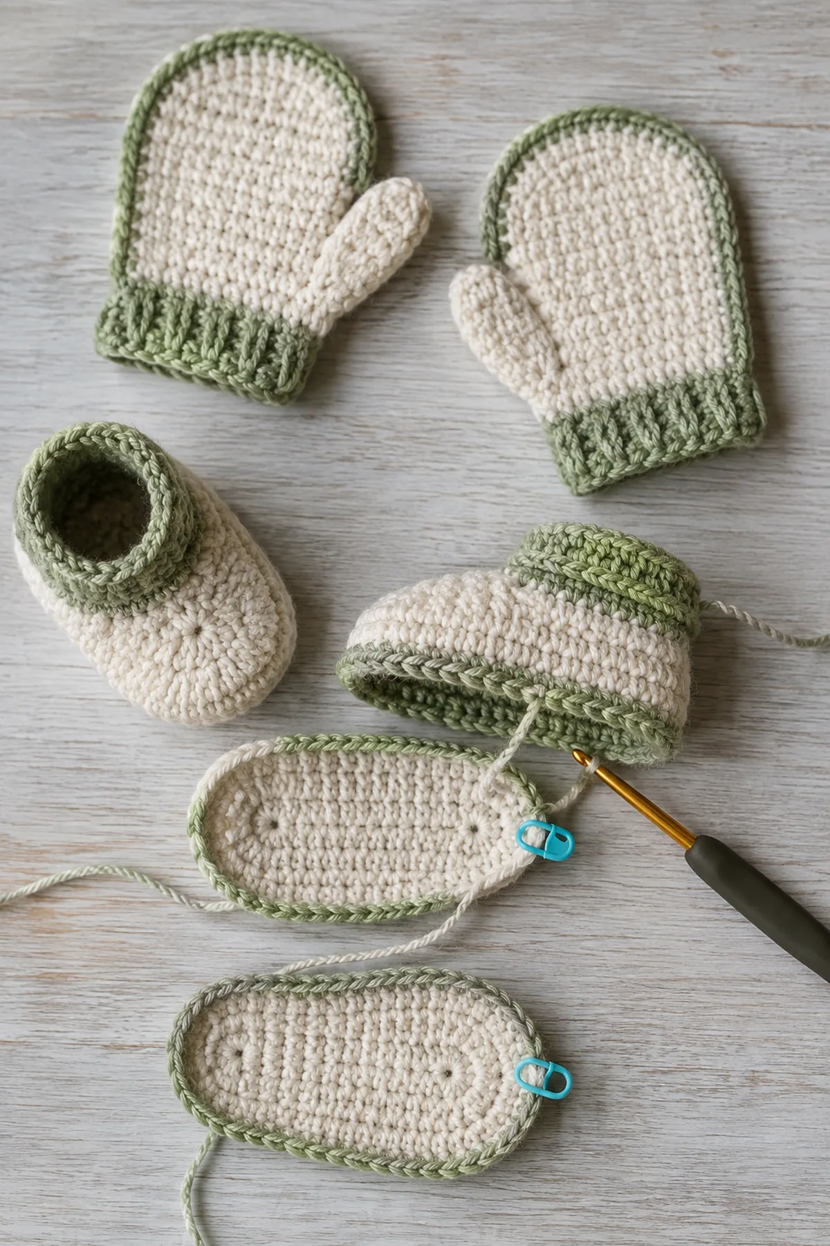 Early counted crochet stage of crochet baby mittens and booties set with matching yarn and hook