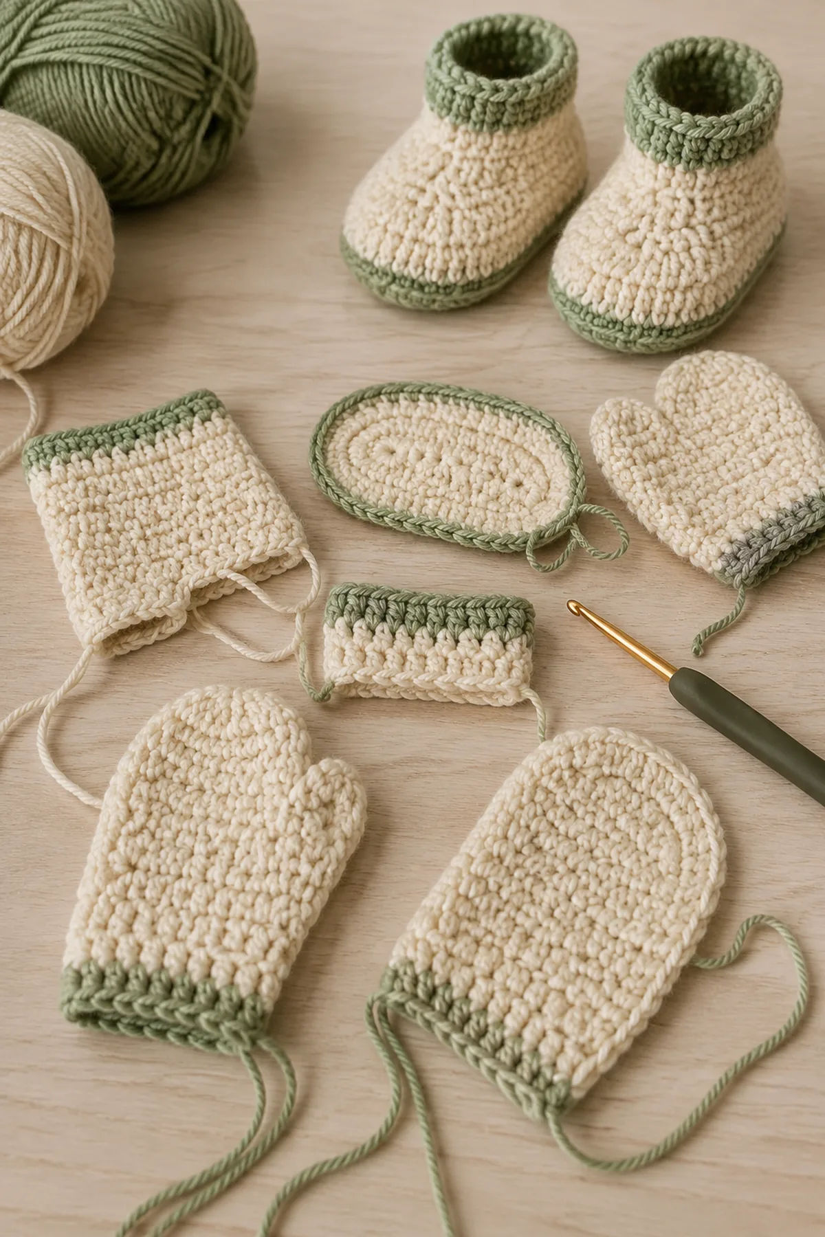 Mid-process construction of crochet baby mittens and booties set showing the established shape