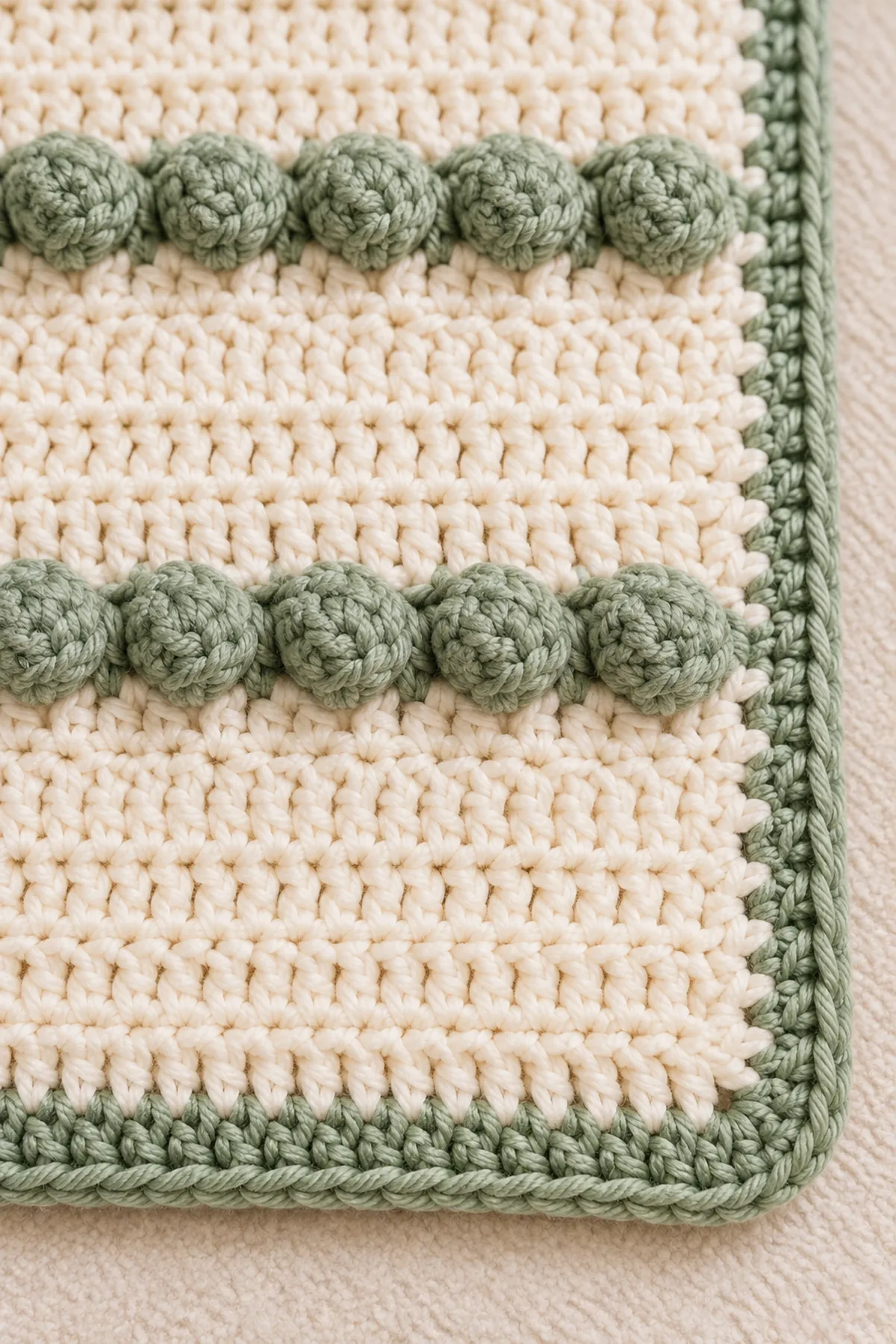 Close-up of one raised sage bobble stripe across smooth cream half-double crochet fabric beside the two-round border