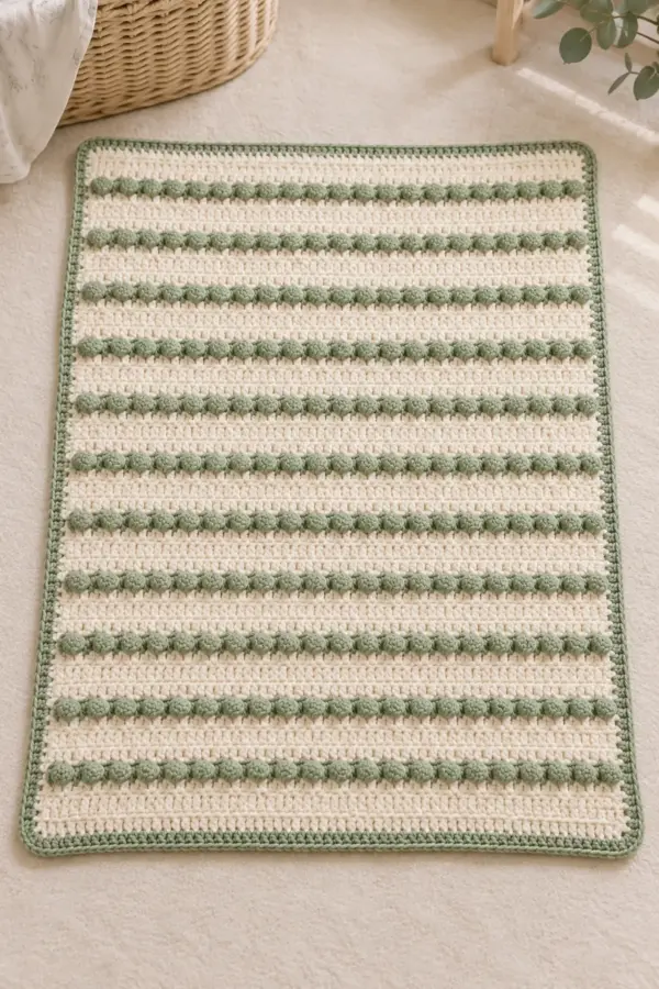 Finished 28 by 34 inch cream crochet baby stroller blanket with fourteen evenly spaced sage bobble stripes and sage border
