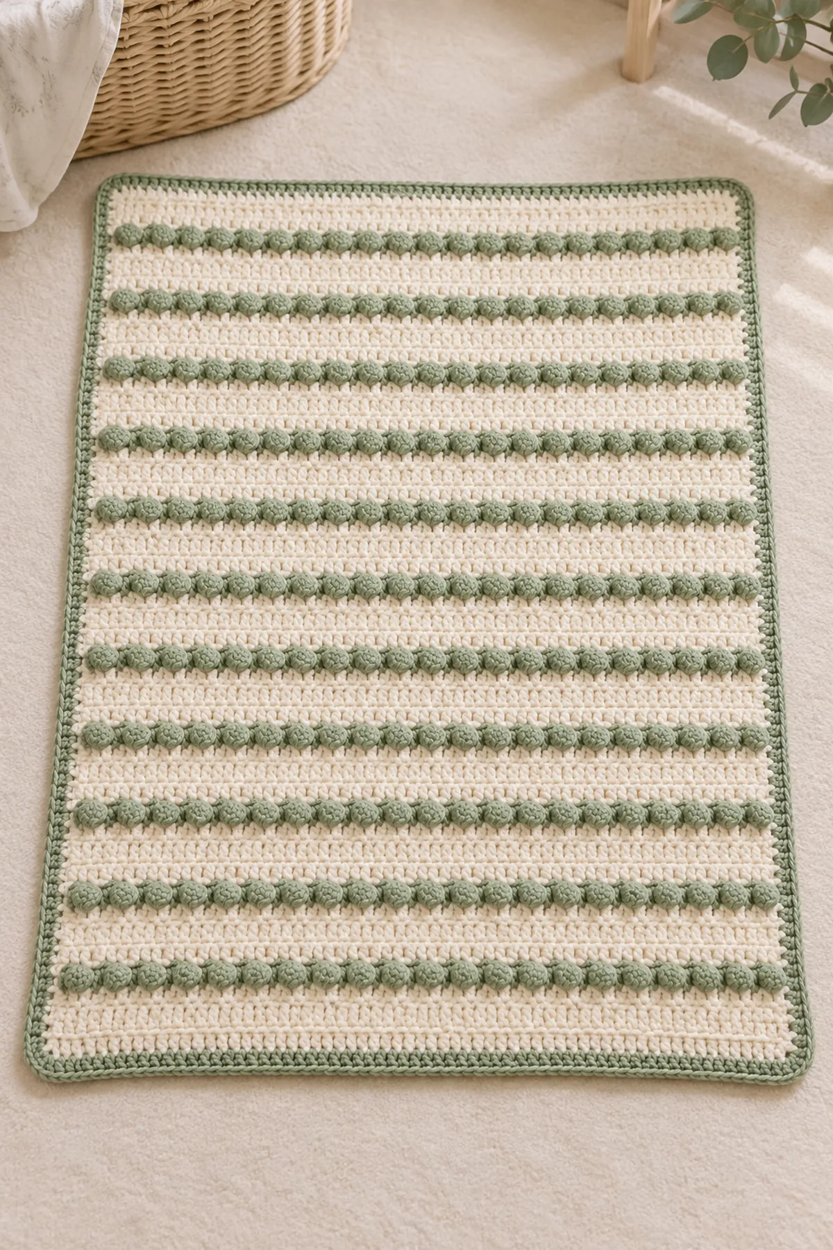 Finished 28 by 34 inch cream crochet baby stroller blanket with fourteen evenly spaced sage bobble stripes and sage border
