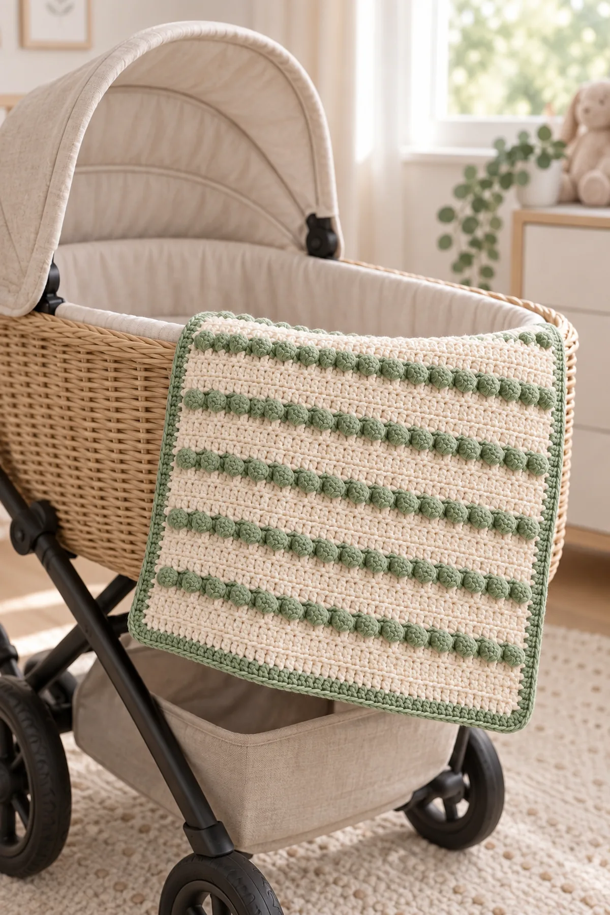 Finished cream and sage bobble stripe stroller blanket neatly draped over an empty natural wicker stroller bassinet without a baby