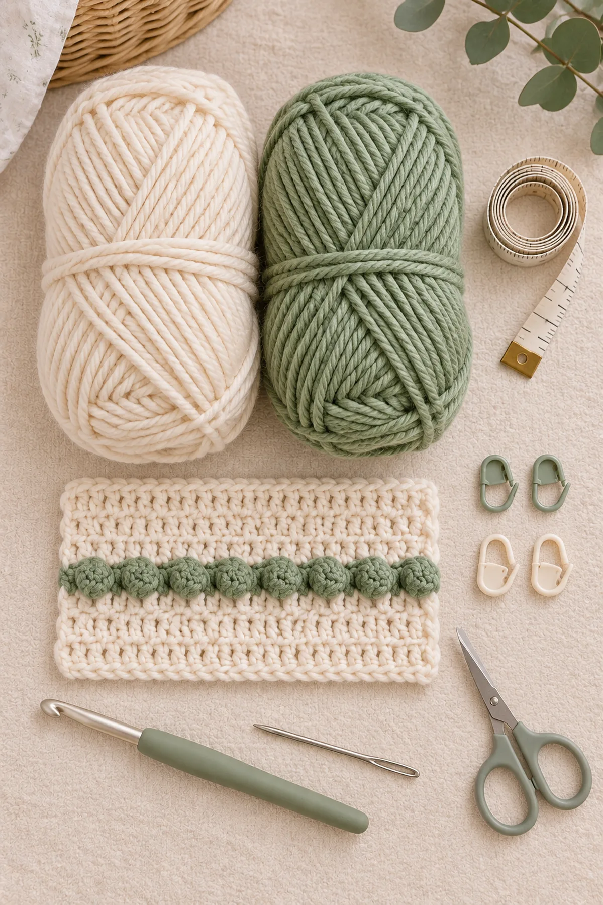 Cream and sage worsted yarn, 5 mm crochet hook, four markers, tape measure, yarn needle, and scissors for a bobble stripe stroller blanket