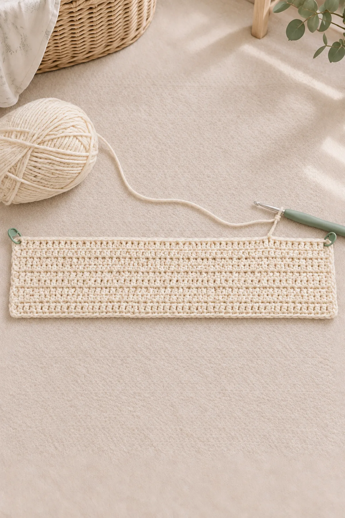 Wide cream 98-stitch half-double-crochet stroller blanket foundation with straight marked edges