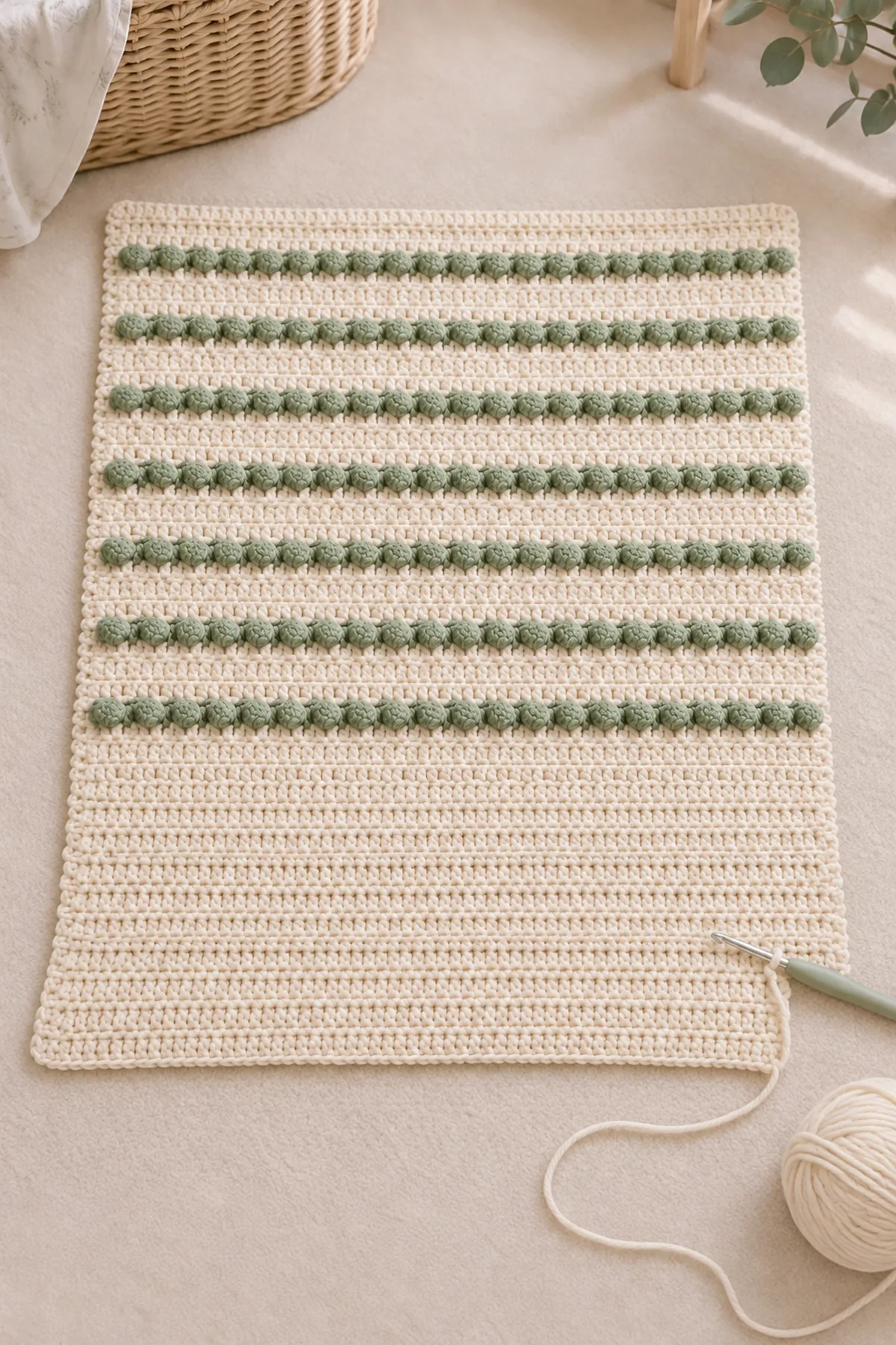 Cream stroller blanket in progress with several evenly spaced sage bobble stripes and more rows still to crochet
