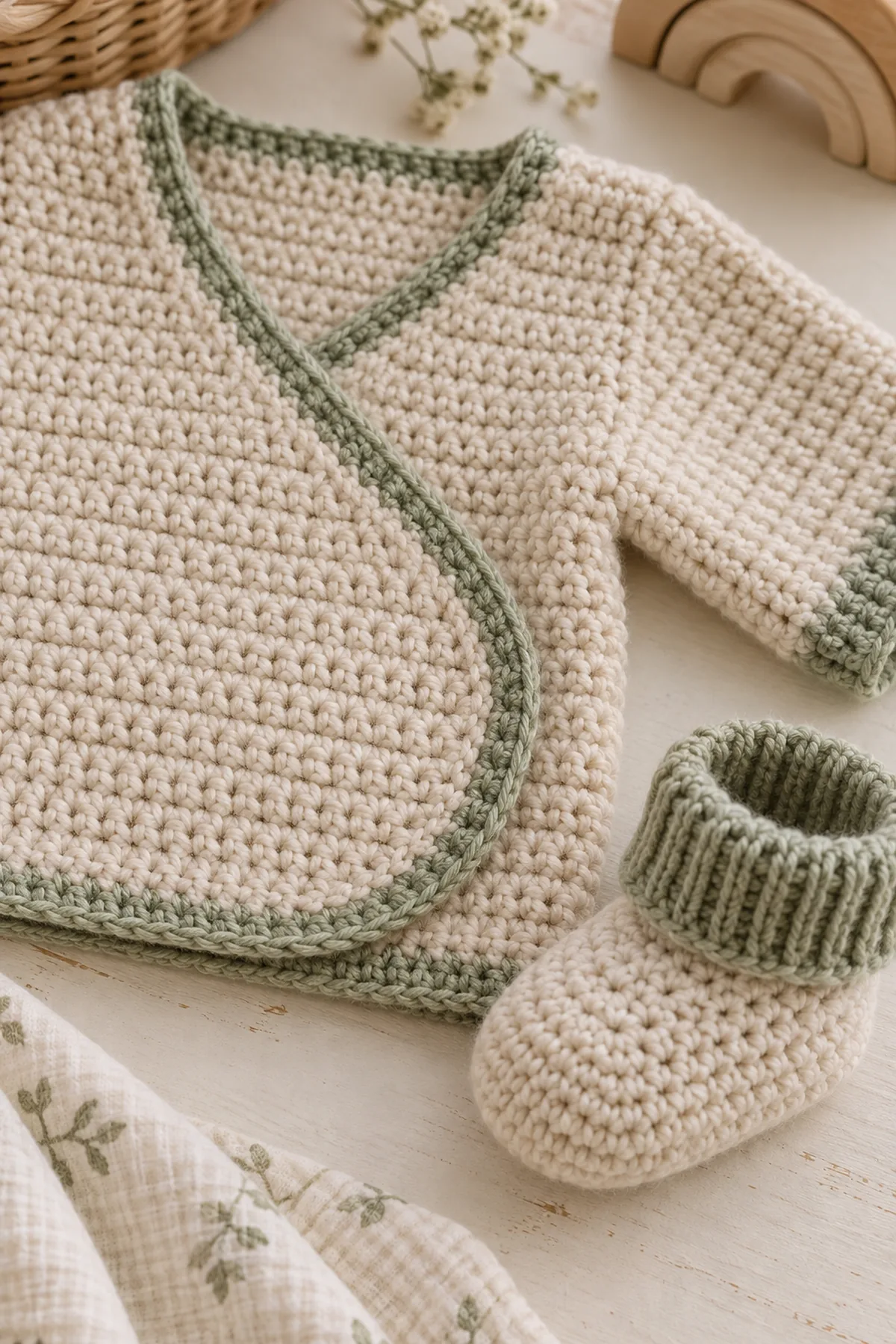 Close-up of the stitch texture and securely finished details on crochet baby wrap sweater and booties set