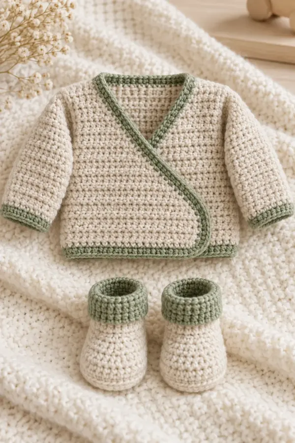 Finished crochet baby wrap sweater and booties set in soft cream and sage yarn on a neutral nursery surface
