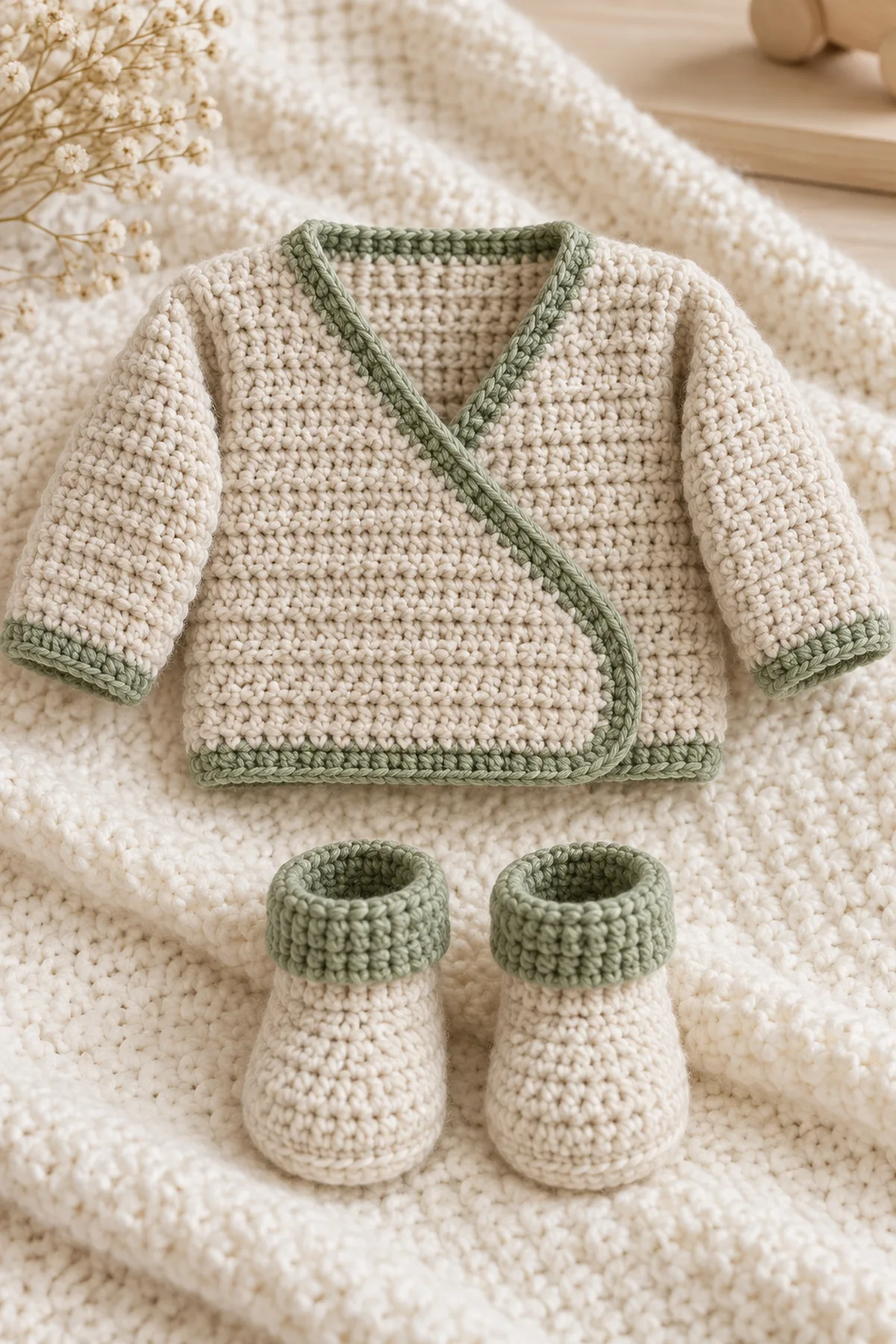 Finished crochet baby wrap sweater and booties set in soft cream and sage yarn on a neutral nursery surface