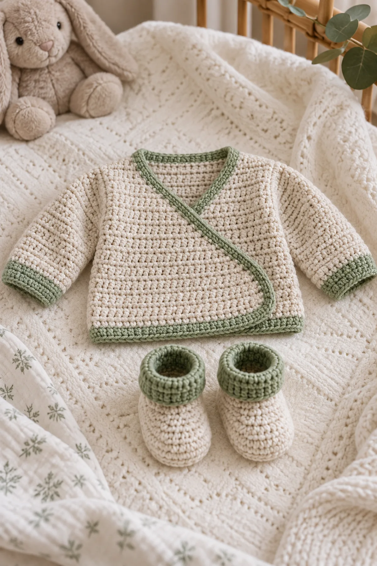 Finished crochet baby wrap sweater and booties set styled in a calm bright nursery setting without a baby present