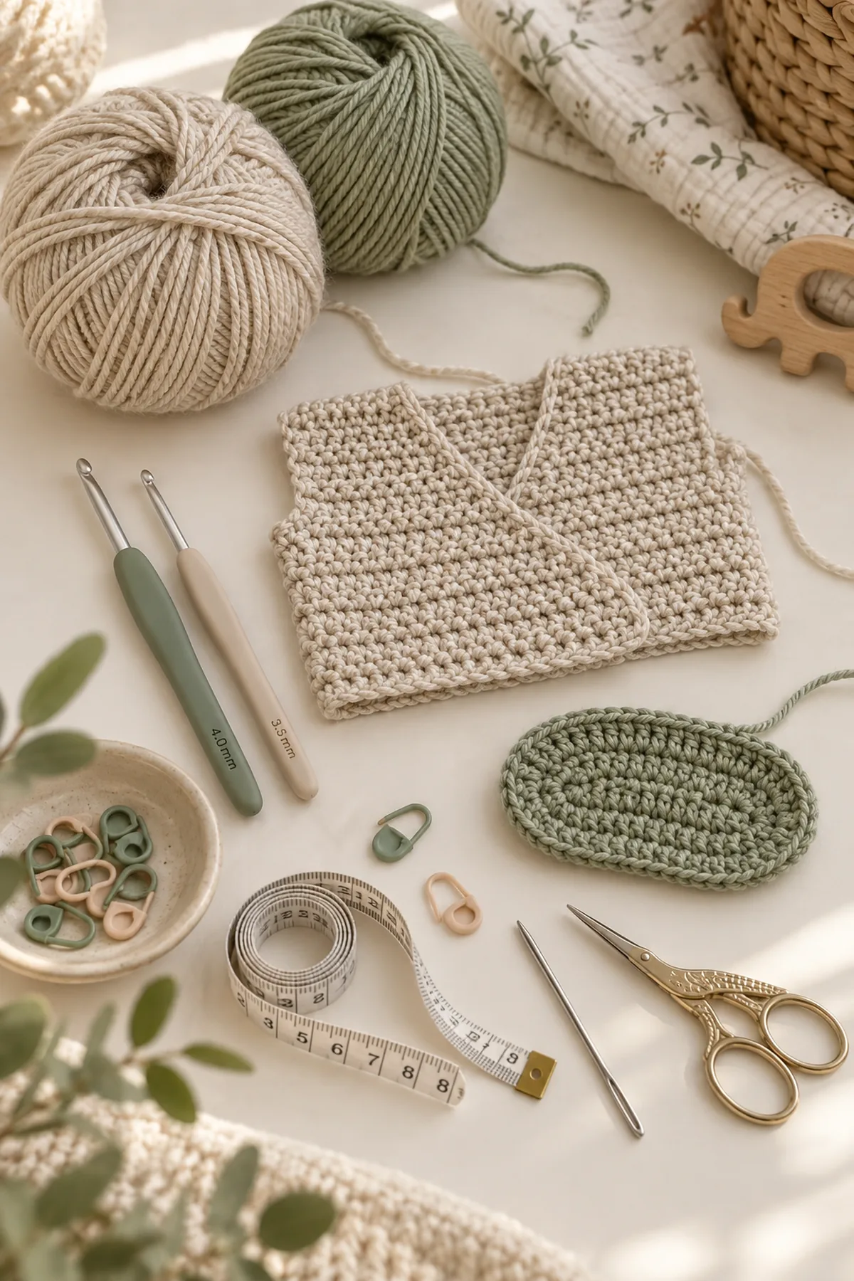 Baby-friendly yarn, crochet hook, stitch markers, tape measure, yarn needle, and scissors for crochet baby wrap sweater and booties set