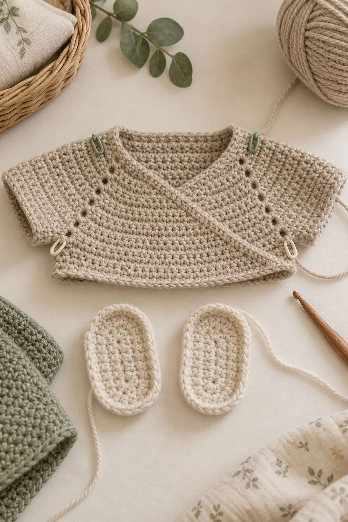 Early counted crochet stage of crochet baby wrap sweater and booties set with matching yarn and hook