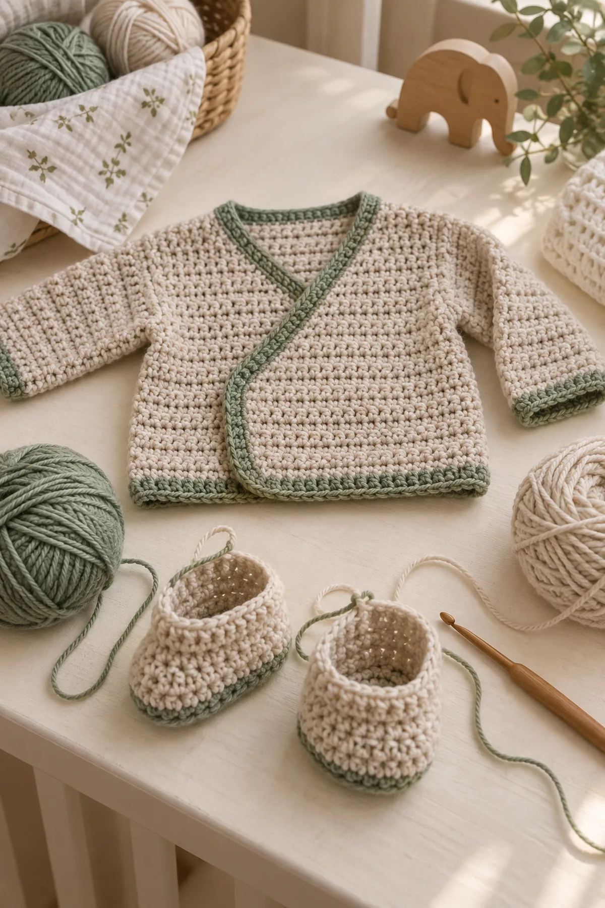 Mid-process construction of crochet baby wrap sweater and booties set showing the established shape