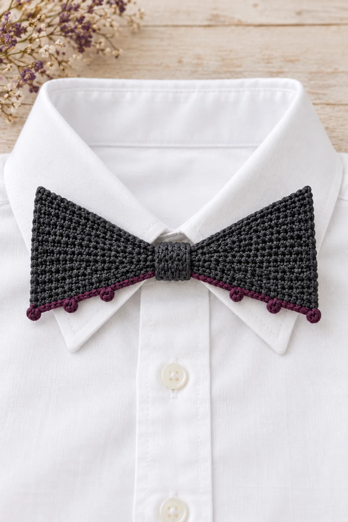 Same flat charcoal crochet bat-wing bow tie with exactly three small plum picot points along each lower wing edge, narrow charcoal center wrap, clipped at center of neatly folded white adult shirt collar on pale wood, wings fully visible, no human, no bat face or stuffed body