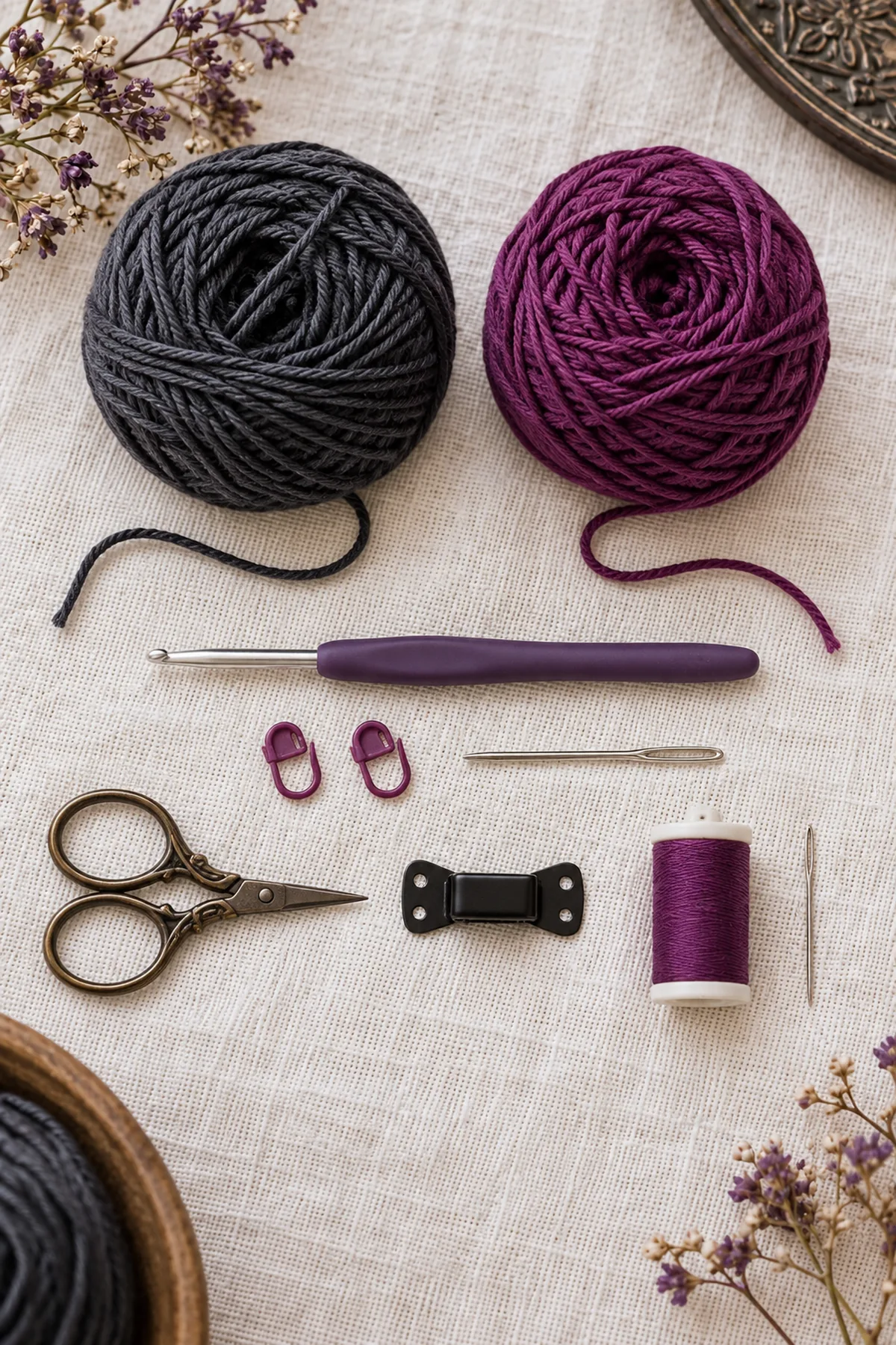 Charcoal and plum DK cotton, 3.5 mm hook, markers, yarn needle, scissors, small commercial sew-on bow-tie clip with sewing holes, spool of matching sewing thread and needle on ivory linen. No finished bow