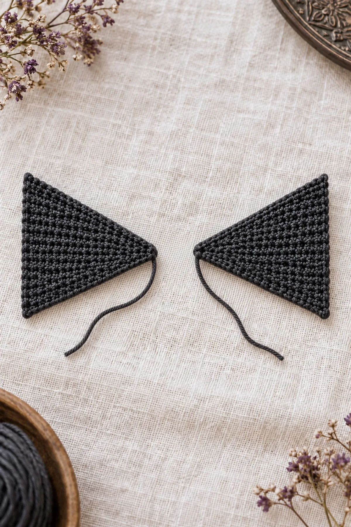 Two separate matching flat charcoal crochet wedge triangles, each narrow at one inner end and broad at outer edge, thirteen rows visible as soft sc texture, working yarn tail, no plum border, no center wrap, no hardware, ivory linen