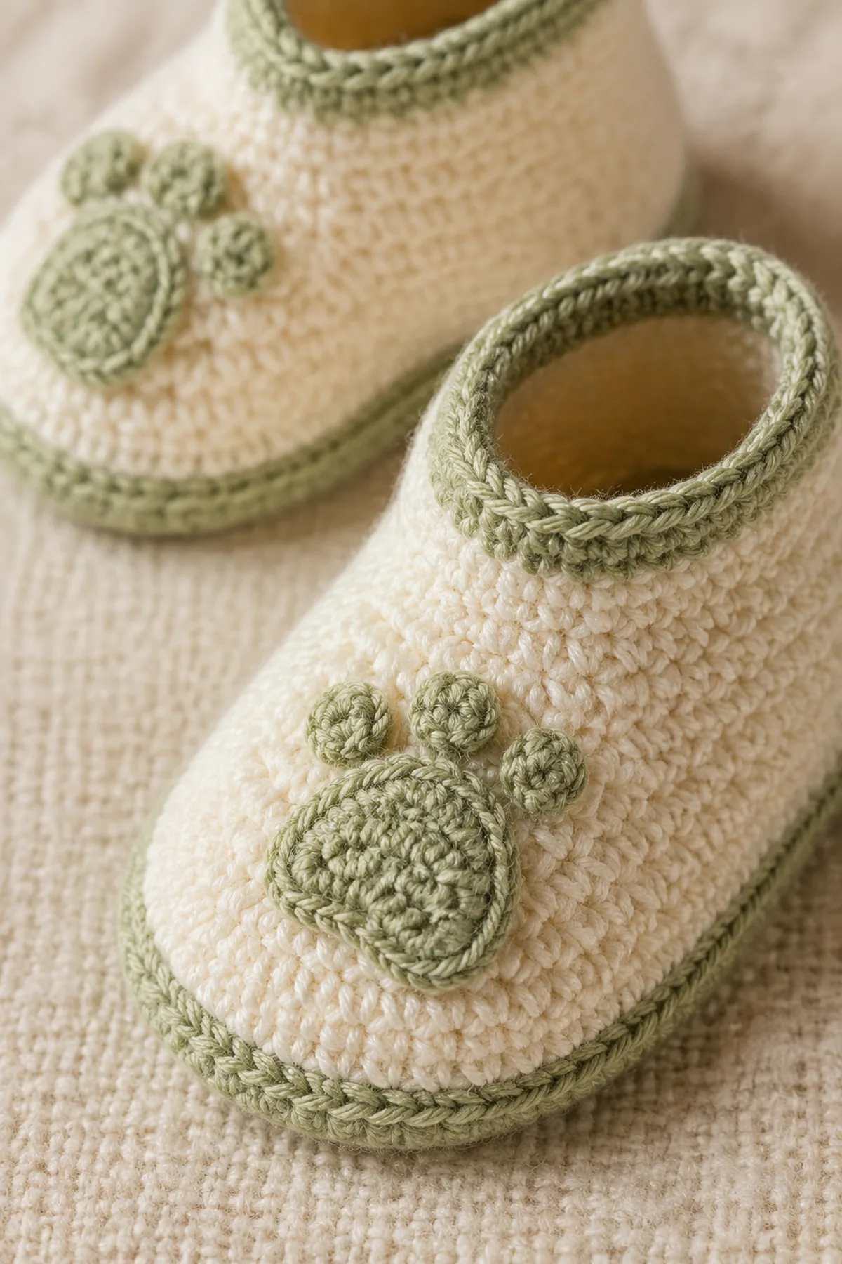 Close-up of the stitch texture and securely finished details on crochet bear paw baby booties