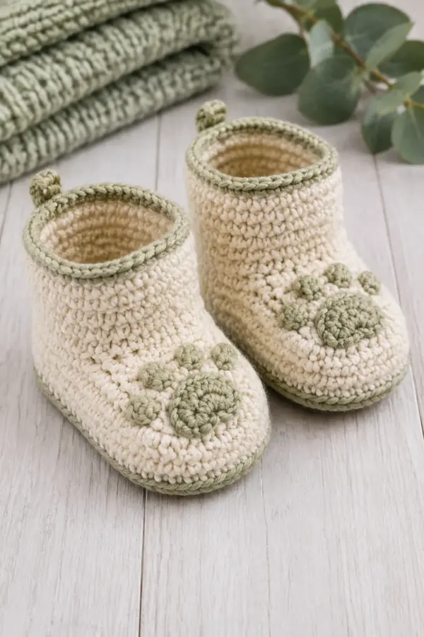 Finished crochet bear paw baby booties in soft cream and sage yarn on a neutral nursery surface