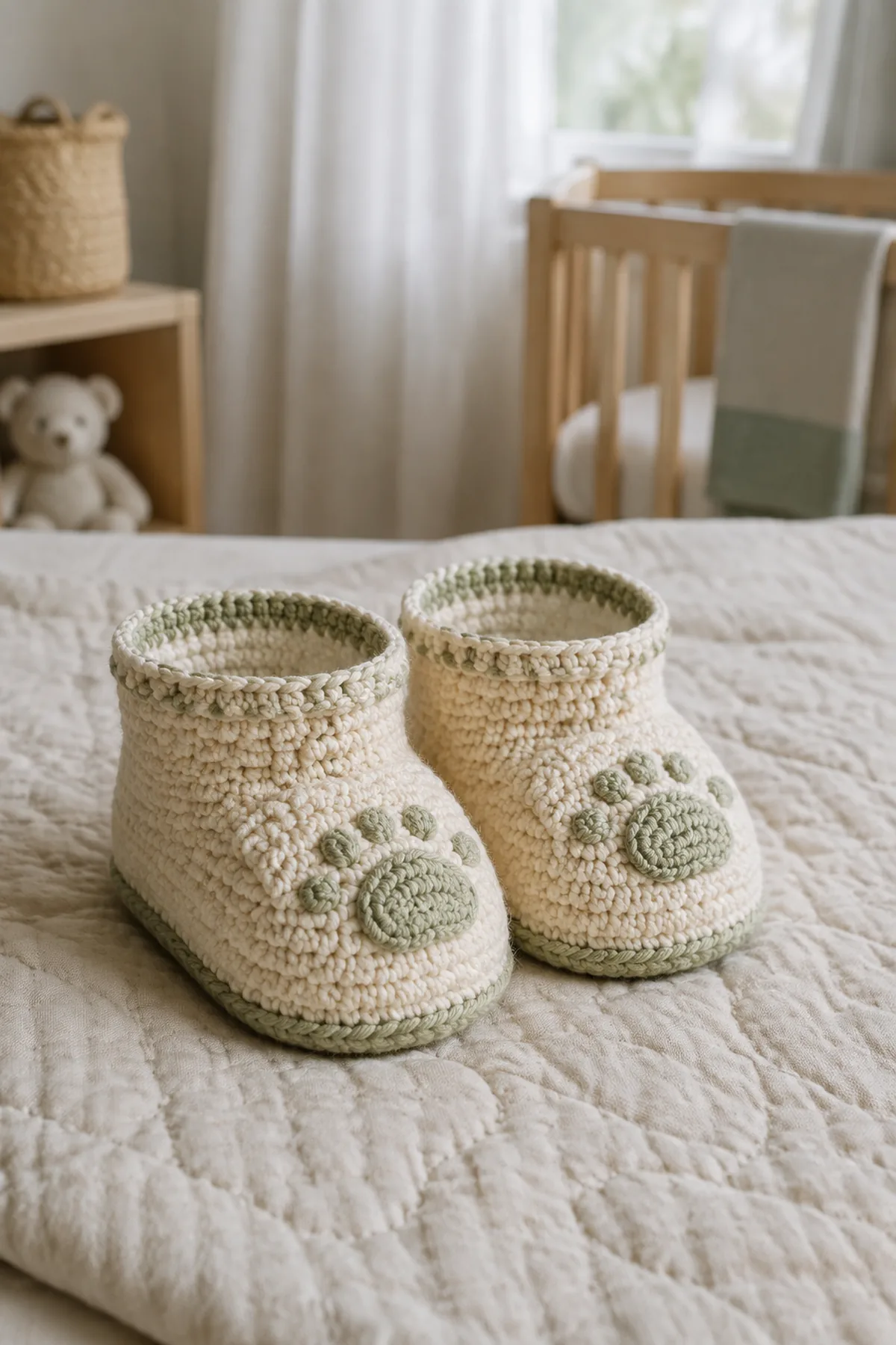 Finished crochet bear paw baby booties styled in a calm bright nursery setting without a baby present