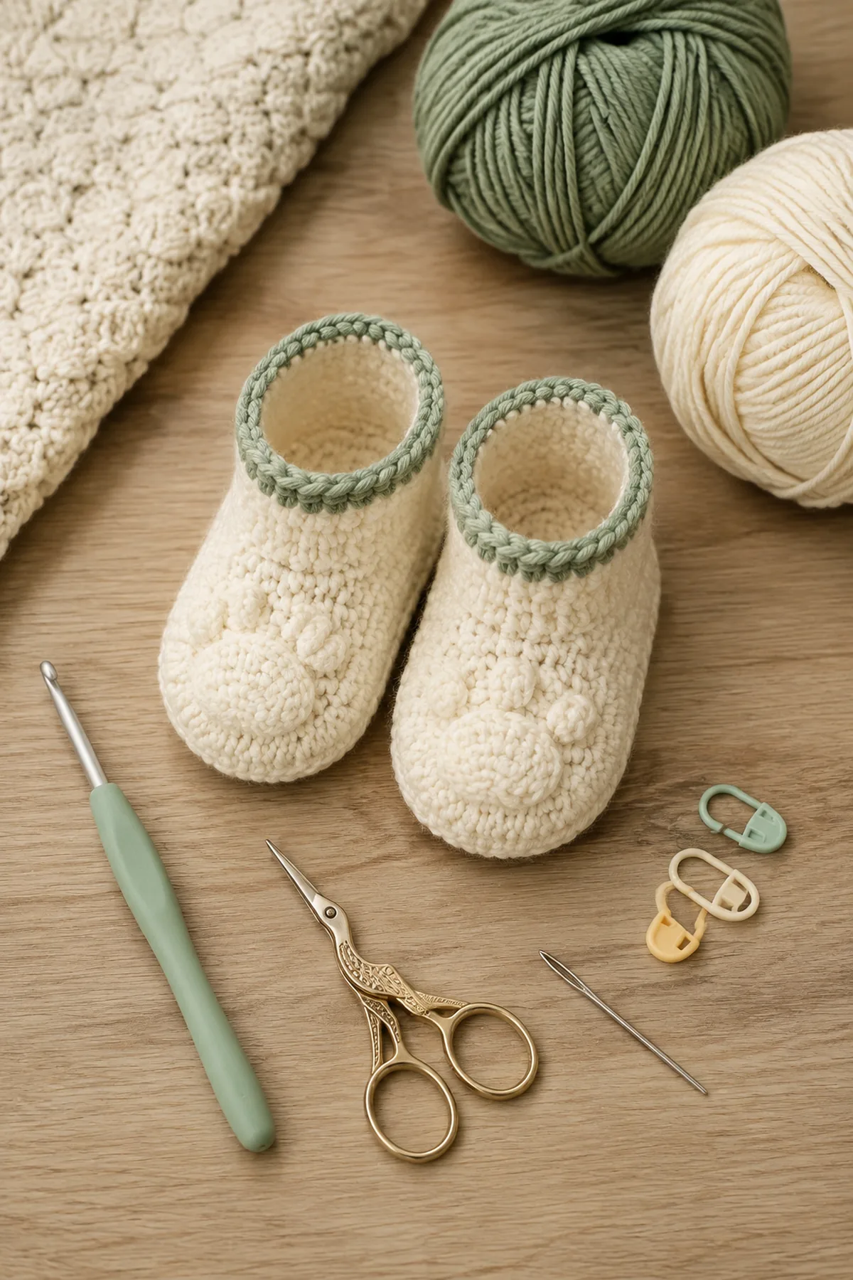 Baby-friendly yarn, crochet hook, stitch markers, tape measure, yarn needle, and scissors for crochet bear paw baby booties