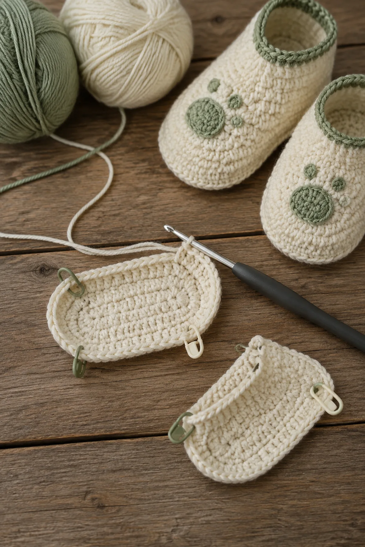 Early counted crochet stage of crochet bear paw baby booties with matching yarn and hook