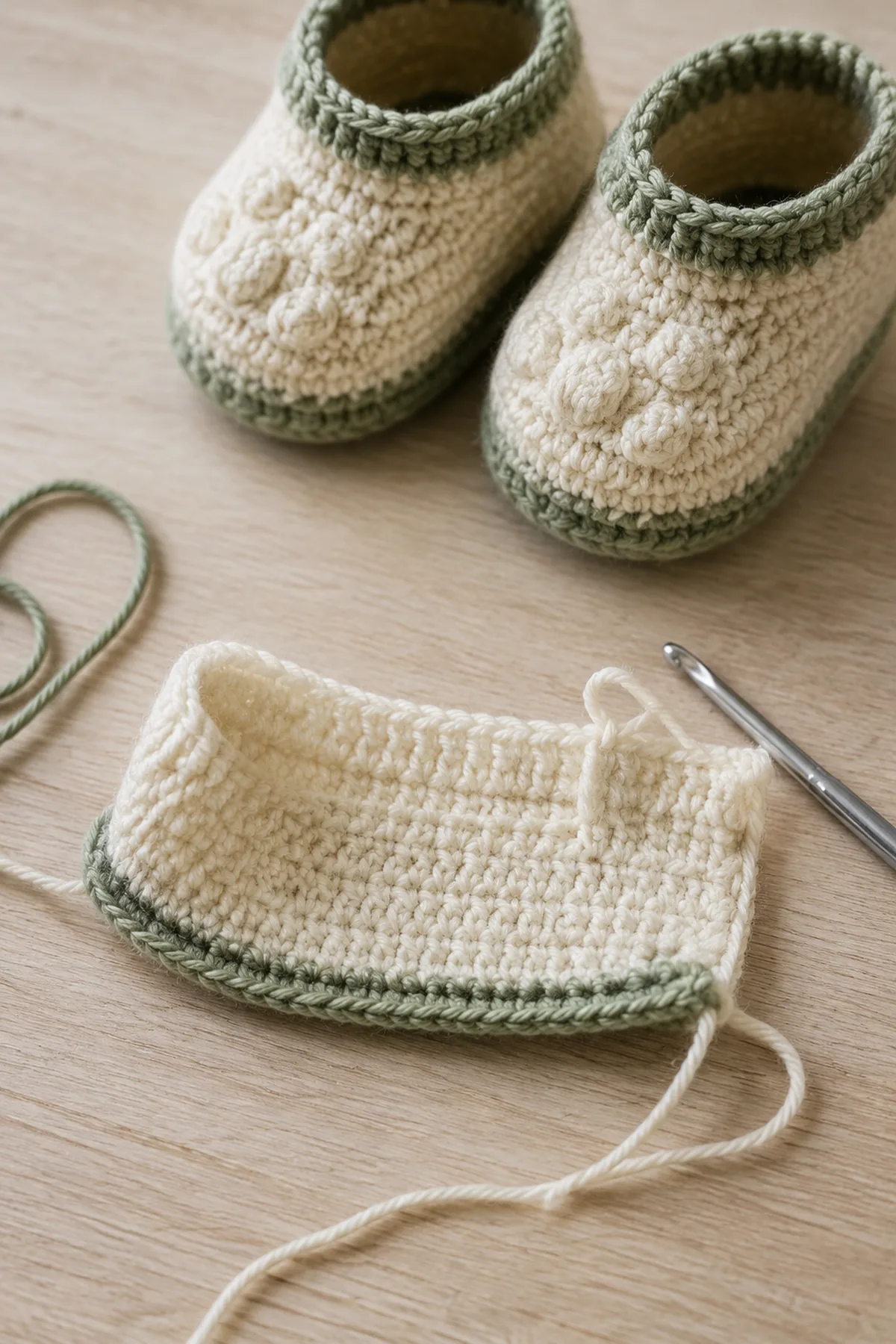 Mid-process construction of crochet bear paw baby booties showing the established shape