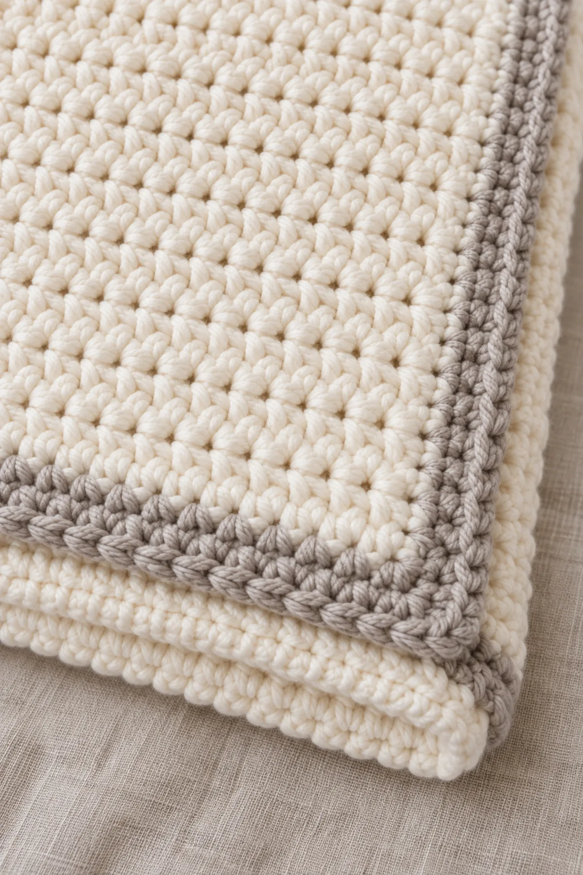 Close view of even cream half-double-crochet rows and two neat birch-gray single-crochet border rounds