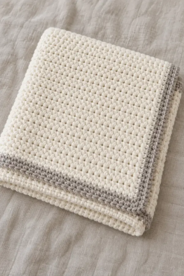 Finished cream crochet baby blanket with two narrow warm birch-gray border rounds, folded on neutral linen