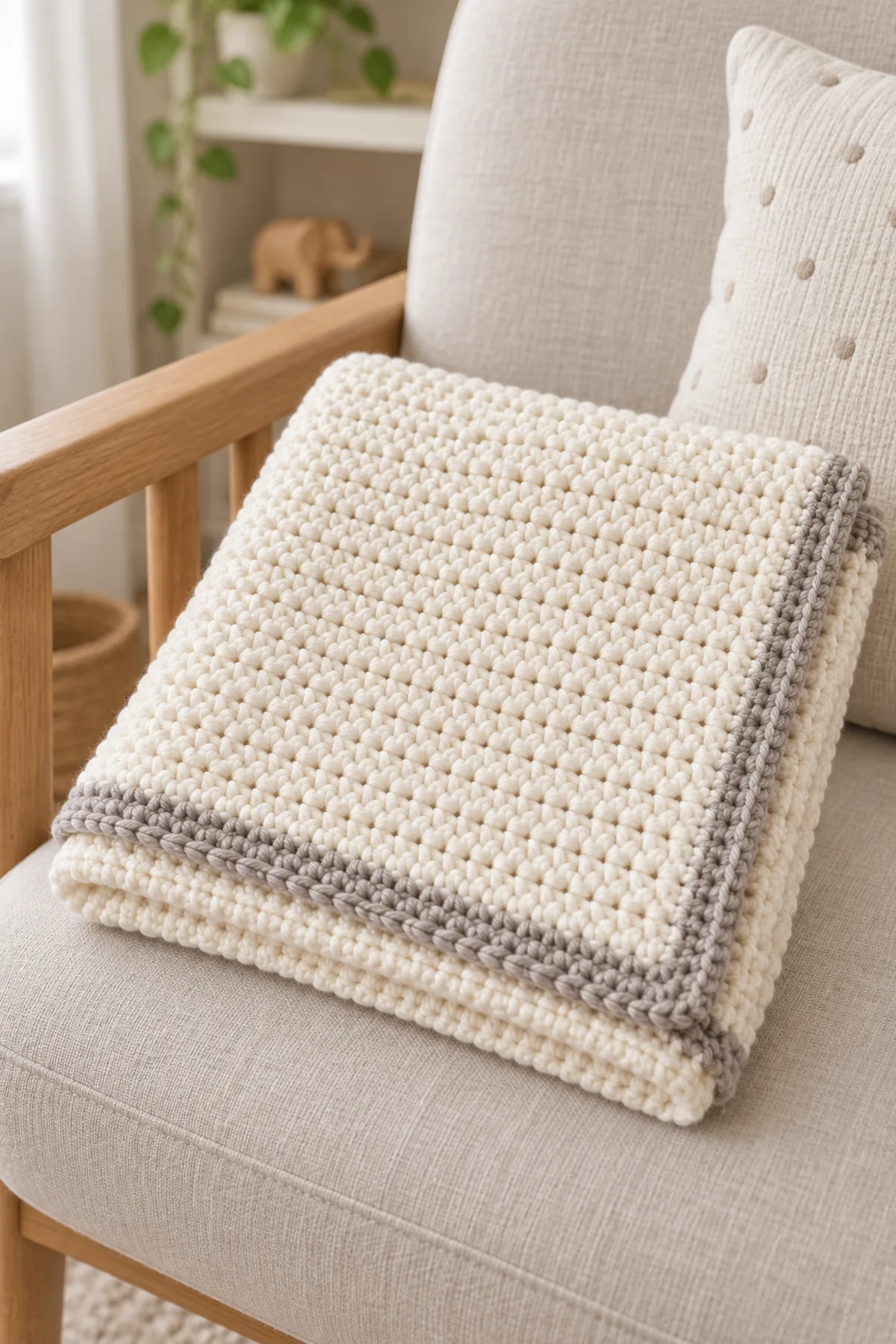 Finished cream and birch-gray baby blanket folded on a nursery chair, without a baby or crib