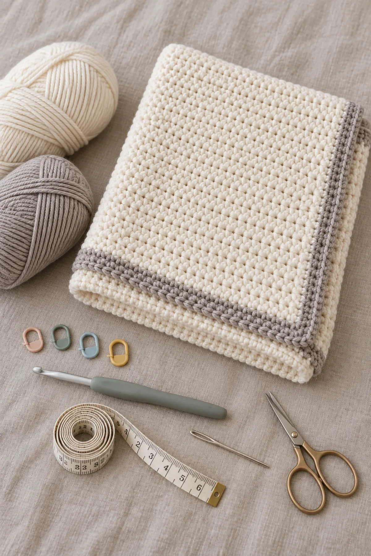 Cream and birch-gray washable DK yarn, 4.5 mm hook, four markers, tape measure, needle, and scissors