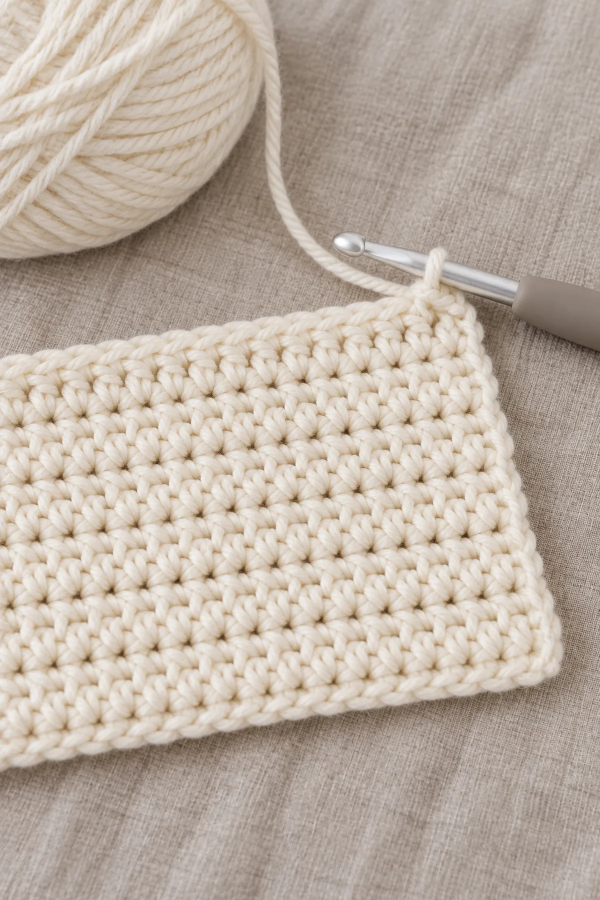 Cream half-double-crochet baby blanket in early straight rows with counted edge and hook