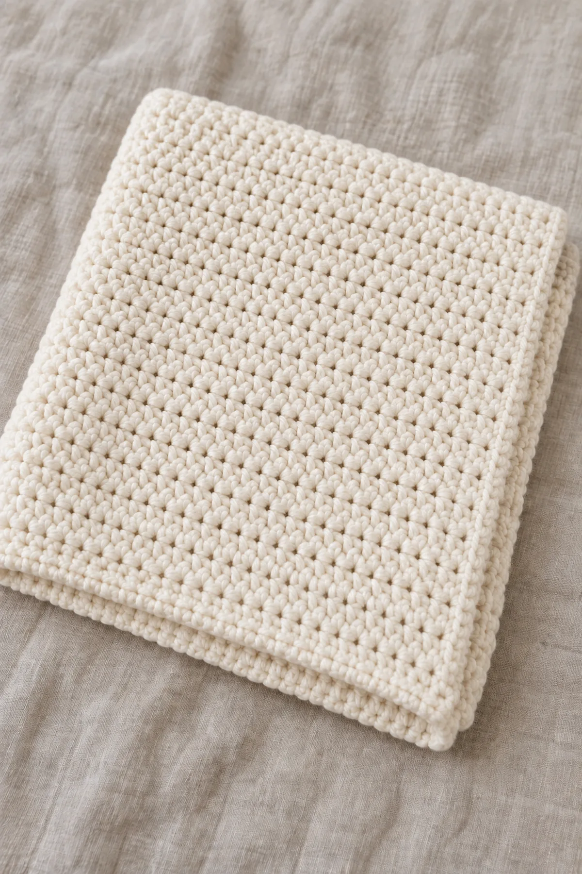 Completed cream 90-stitch blanket rectangle before the contrasting birch-gray border