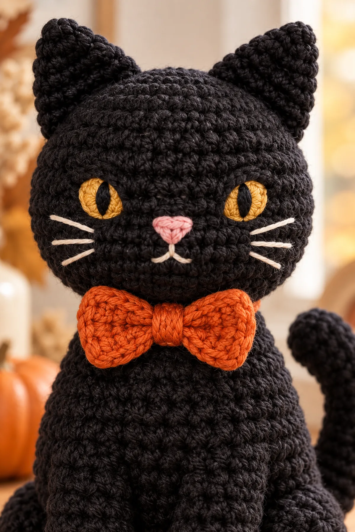 Close-up of embroidered gold cat eyes with vertical pupils, pink nose, cream whiskers, reinforced ear seam, and fully sewn orange bow center
