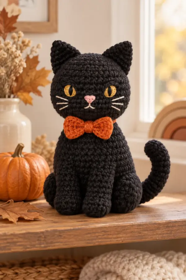 Finished original seated black cat amigurumi with pear-shaped body, round head, four soft paws, triangular ears, curved unwired tail, embroidered gold eyes and cream whiskers, and a burnt-orange crochet bow