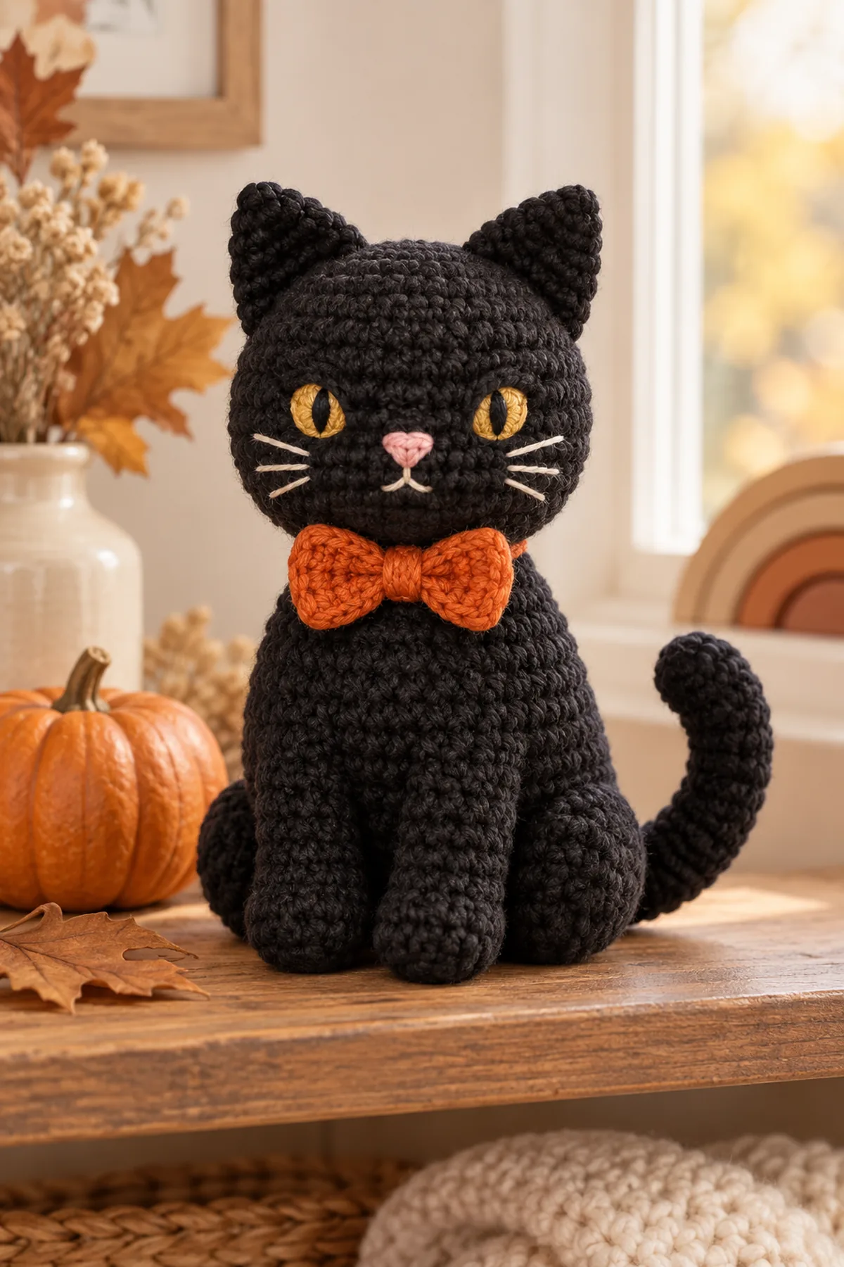 Finished original seated black cat amigurumi with pear-shaped body, round head, four soft paws, triangular ears, curved unwired tail, embroidered gold eyes and cream whiskers, and a burnt-orange crochet bow