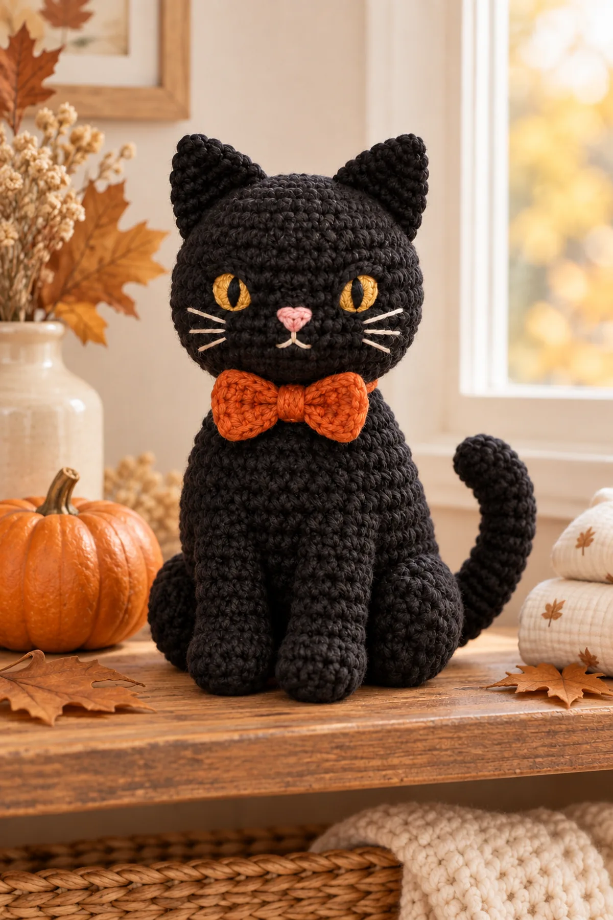 Completed seated black cat crochet amigurumi styled upright on a warm autumn nursery shelf without a baby or crib