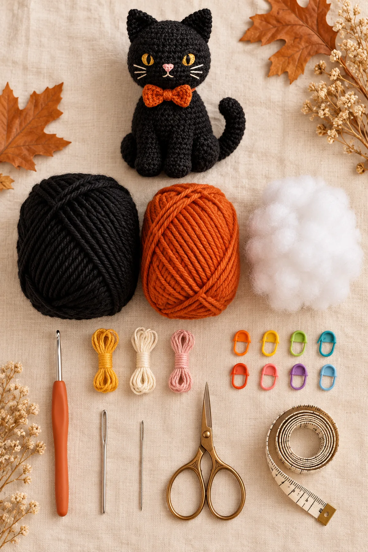Black and burnt-orange worsted yarn, gold cream and pink embroidery yarn, 3.5 mm hook, washable stuffing, markers, needles, and scissors for a black cat amigurumi
