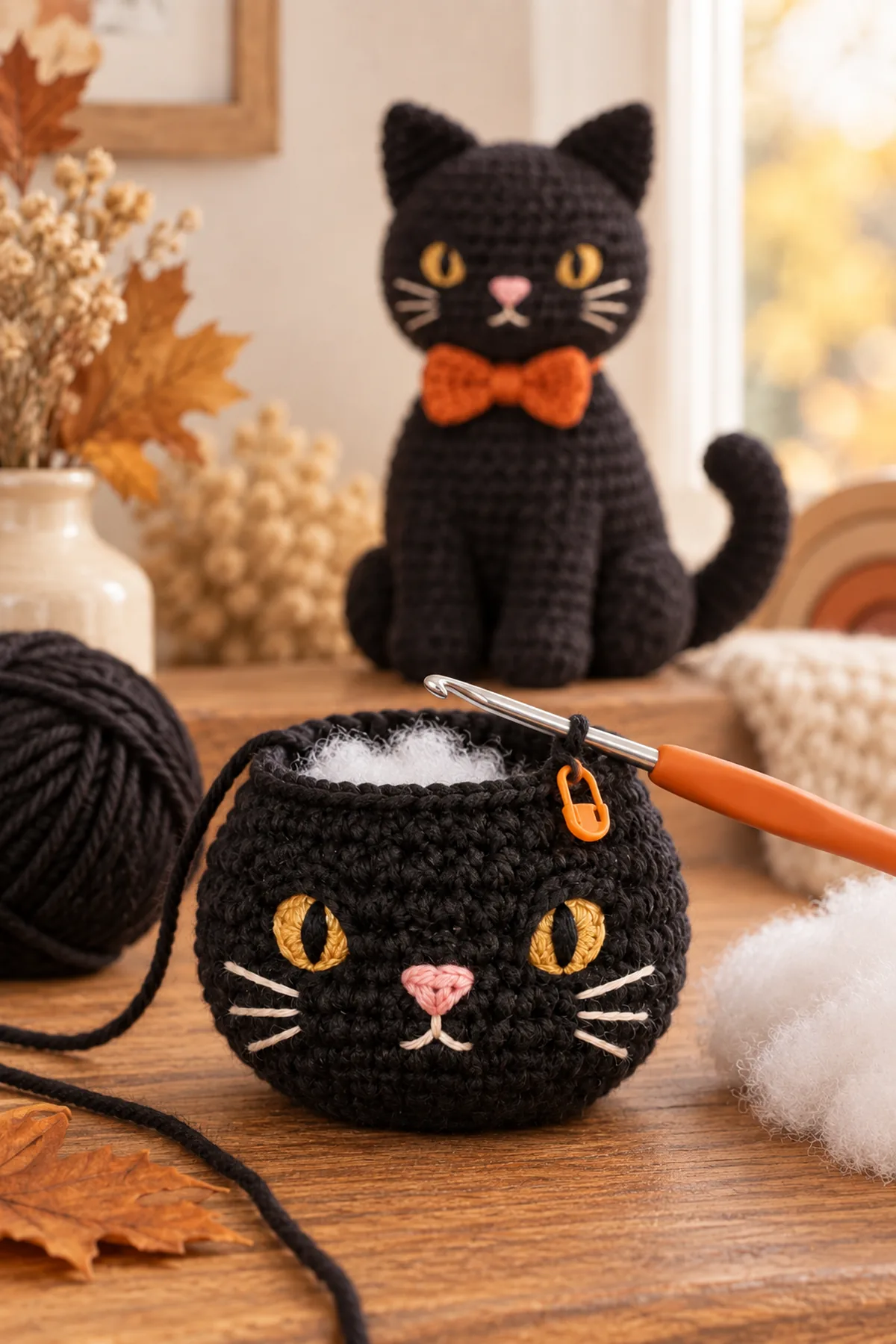 Partly crocheted black cat head at 36 stitches with embroidered yarn eyes nose whiskers and stuffing beside a 3.5 mm hook