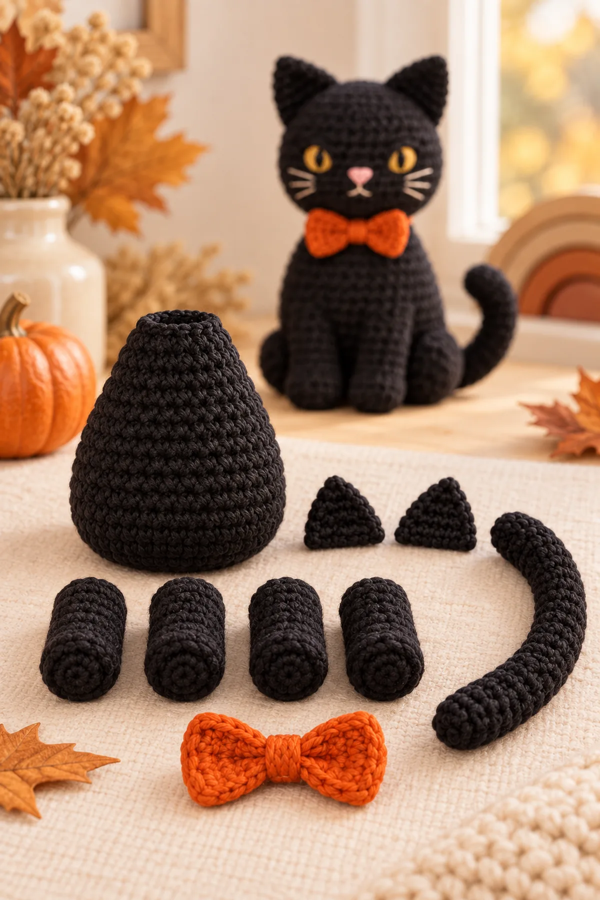 Separate pear-shaped black body, four matching soft paws, two flat triangular ears, flexible tubular tail, and orange bow before assembly