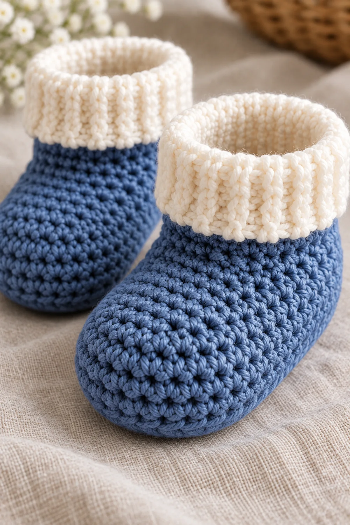 Close view of blueberry-blue shaped toe stitches and soft milk-ivory cuff on matching baby booties