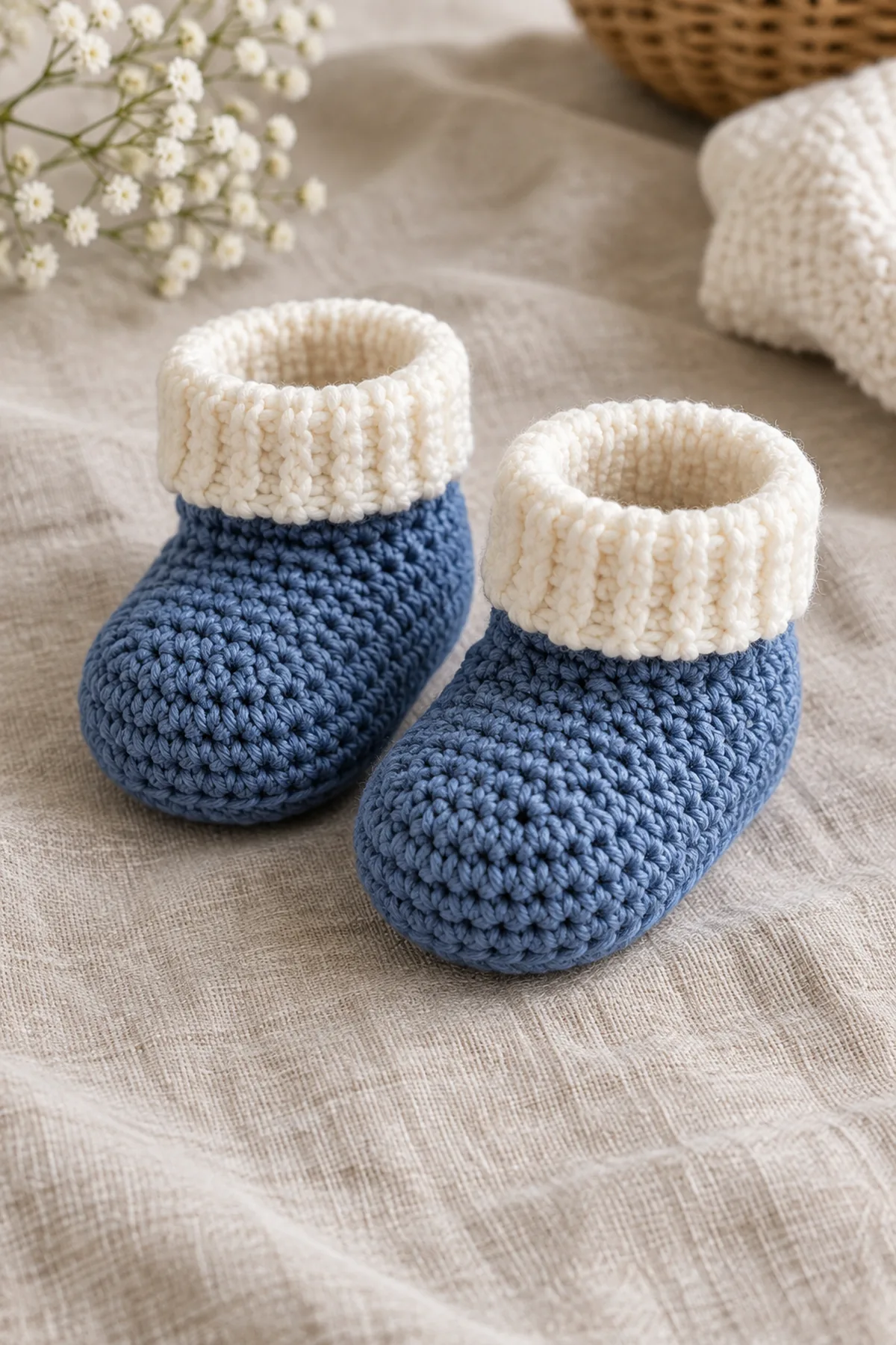 Matched pair of blueberry-blue crochet newborn booties with shaped toes and milk-ivory soft cuffs on linen