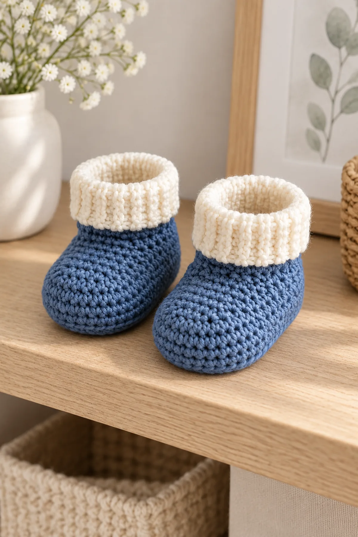Matched blueberry-blue and milk-ivory newborn crochet booties displayed on a neutral nursery shelf