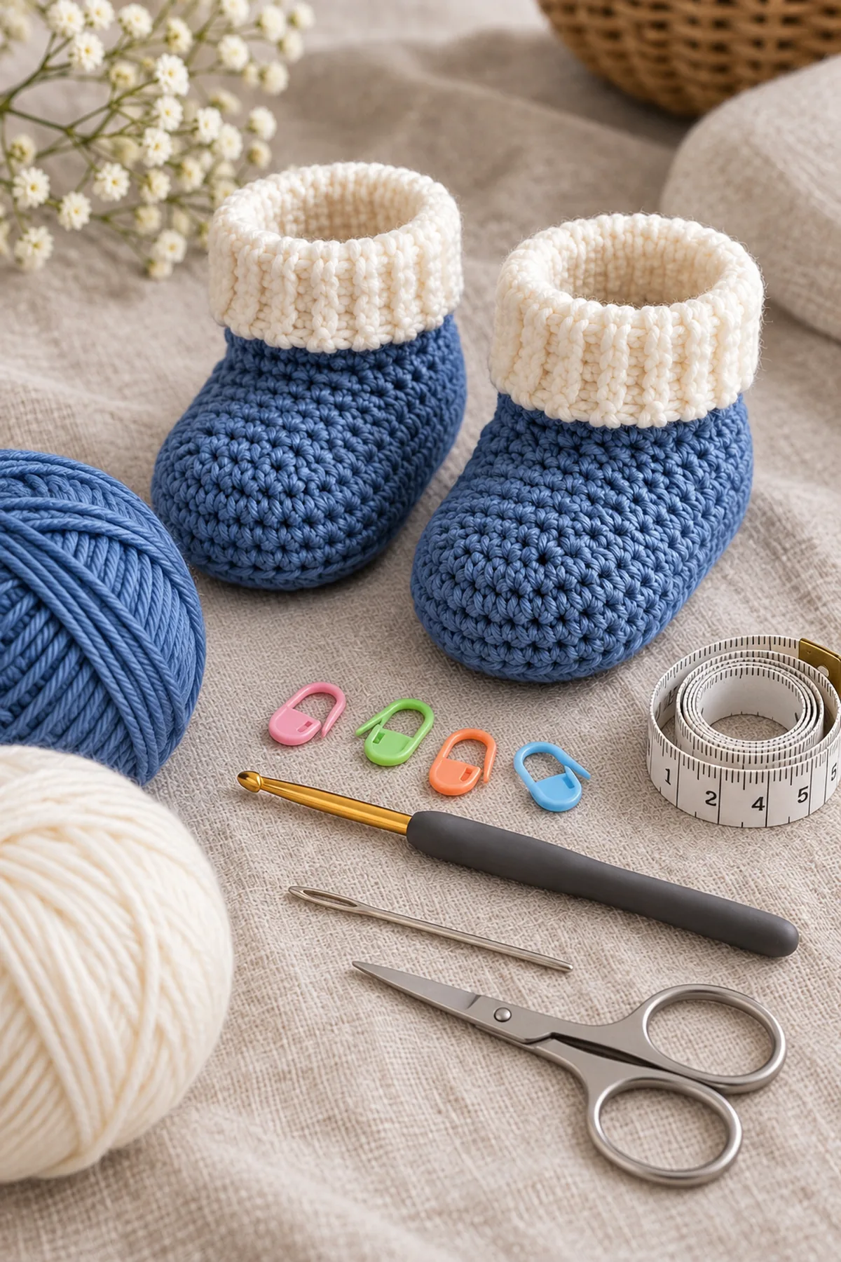 Blueberry-blue and milk-ivory washable DK yarn, 3.5 mm hook, four markers, tape measure, needle, and scissors