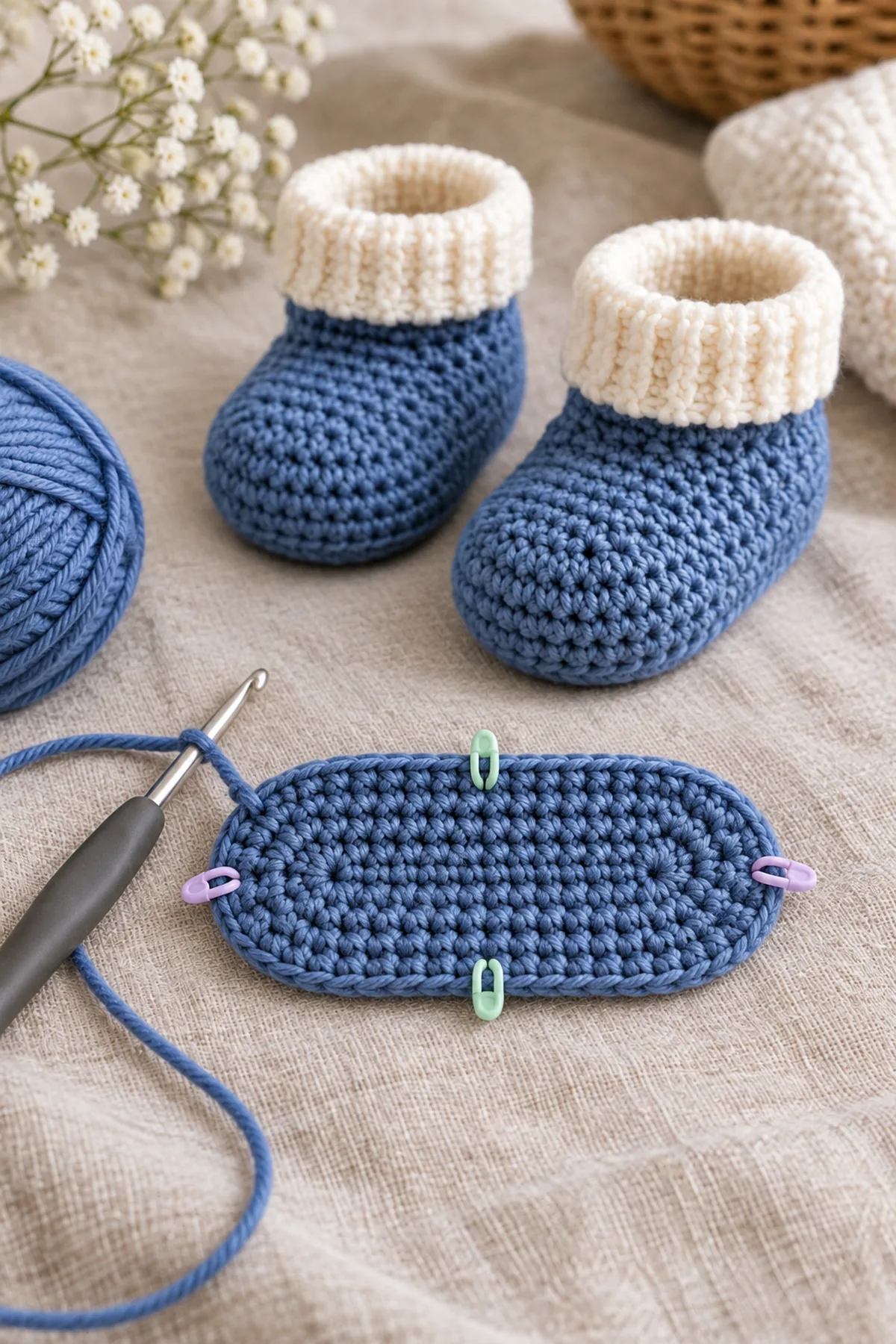 First counted blueberry-blue oval bootie sole with hook and stitch markers