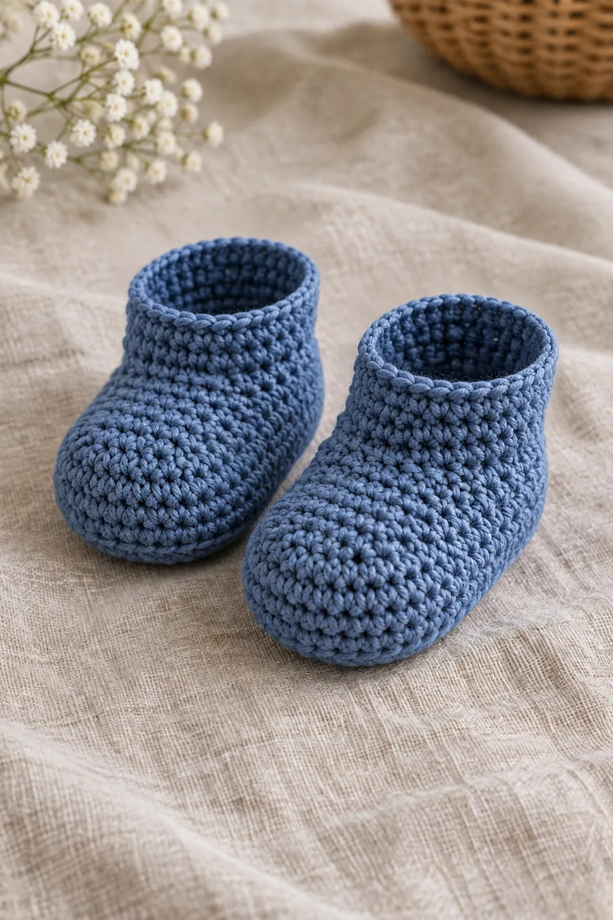 Pair of blueberry-blue bootie uppers after four marked toe decreases, before ivory cuffs